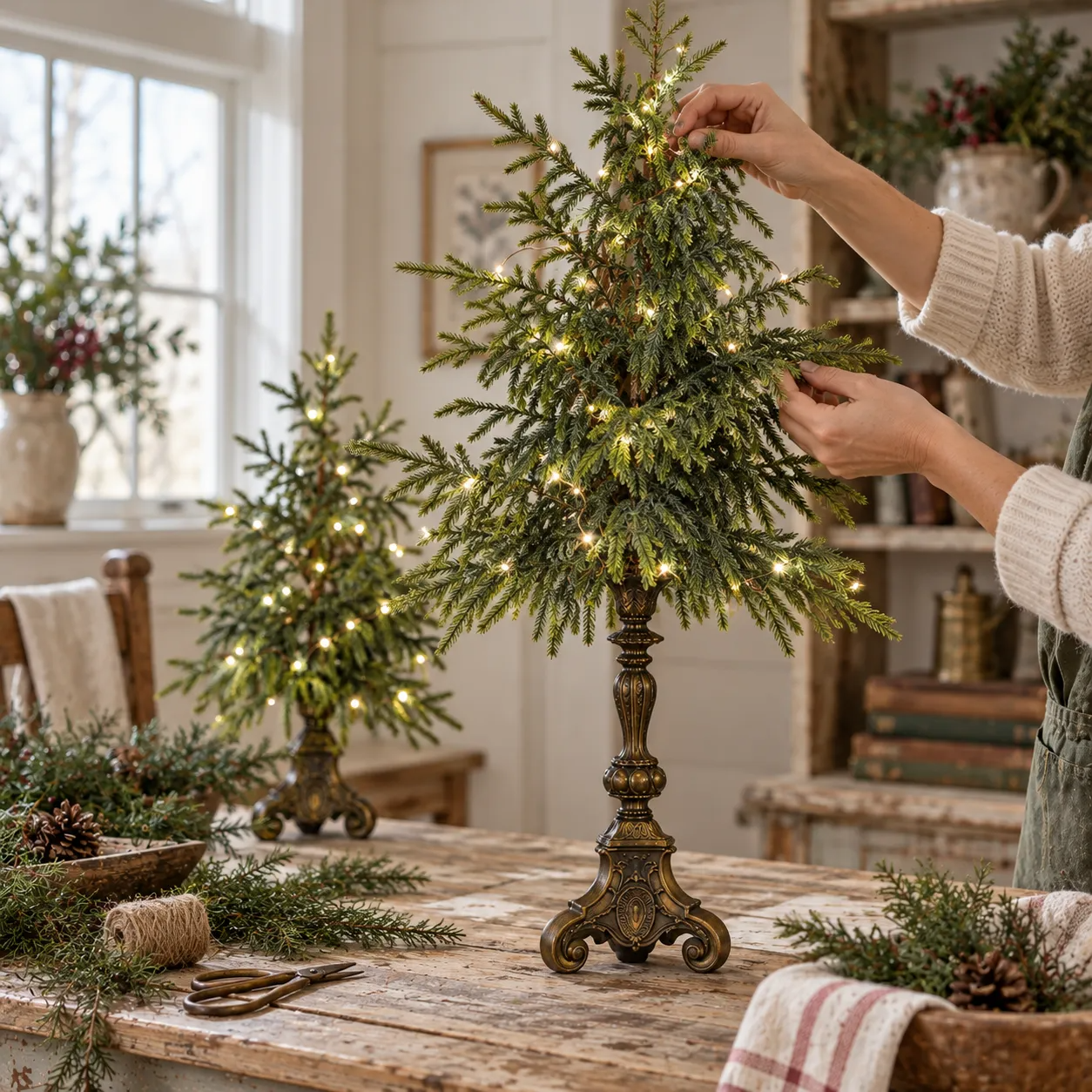 Hands arranging the softly cascading branches of a vintage Norfolk pine tree