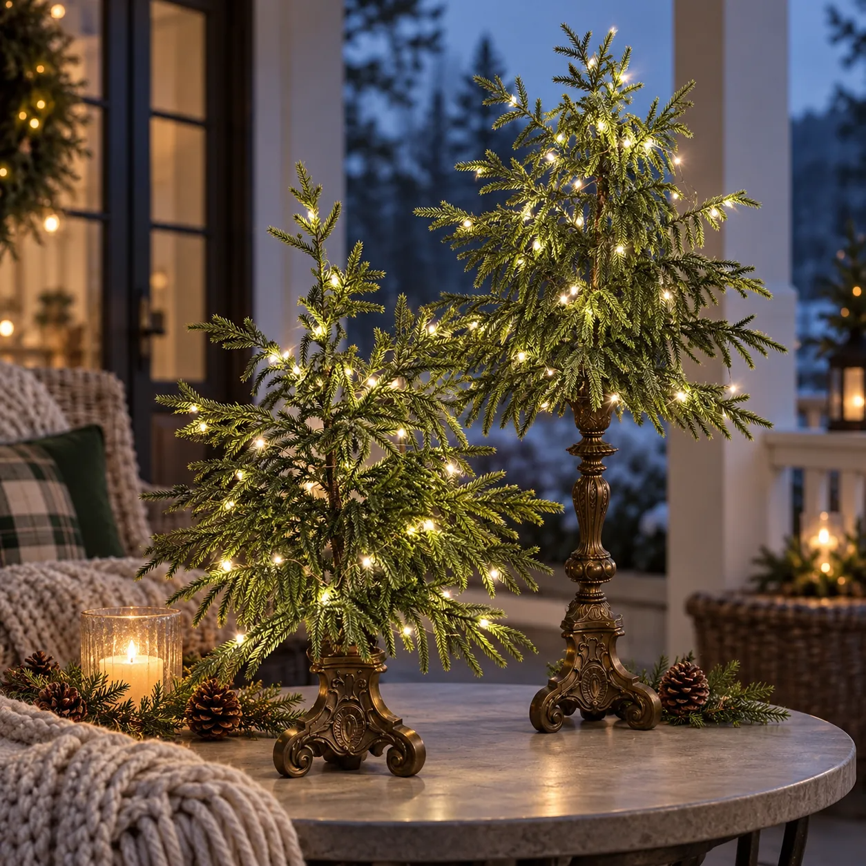 Small and large Norfolk pine decorations glowing on an evening coffee table