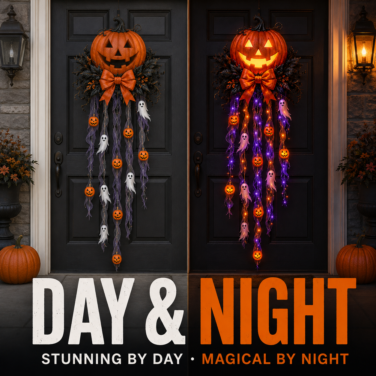 Halloween Door Cascade day and night comparison