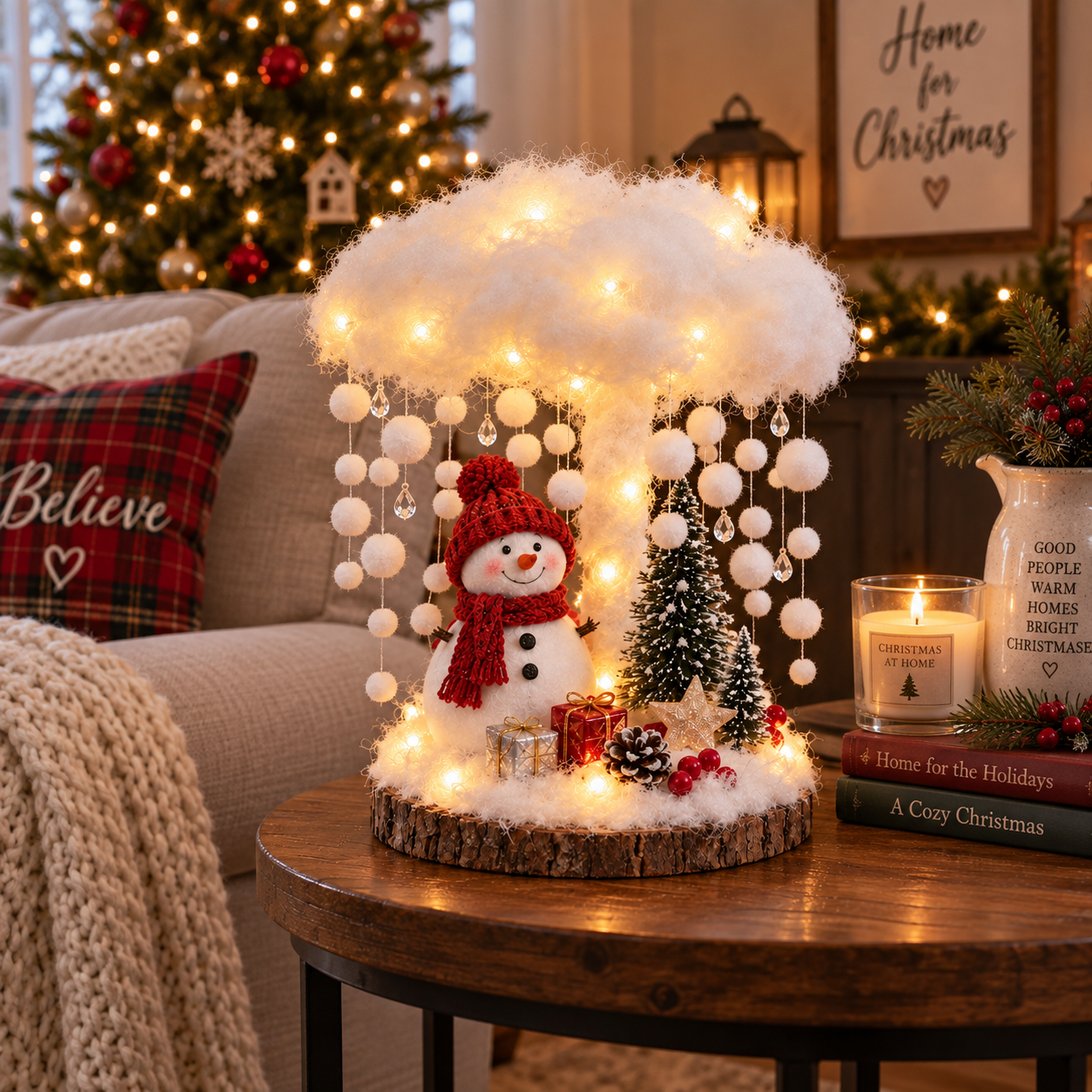 Glowing snowman decoration displayed on a side table