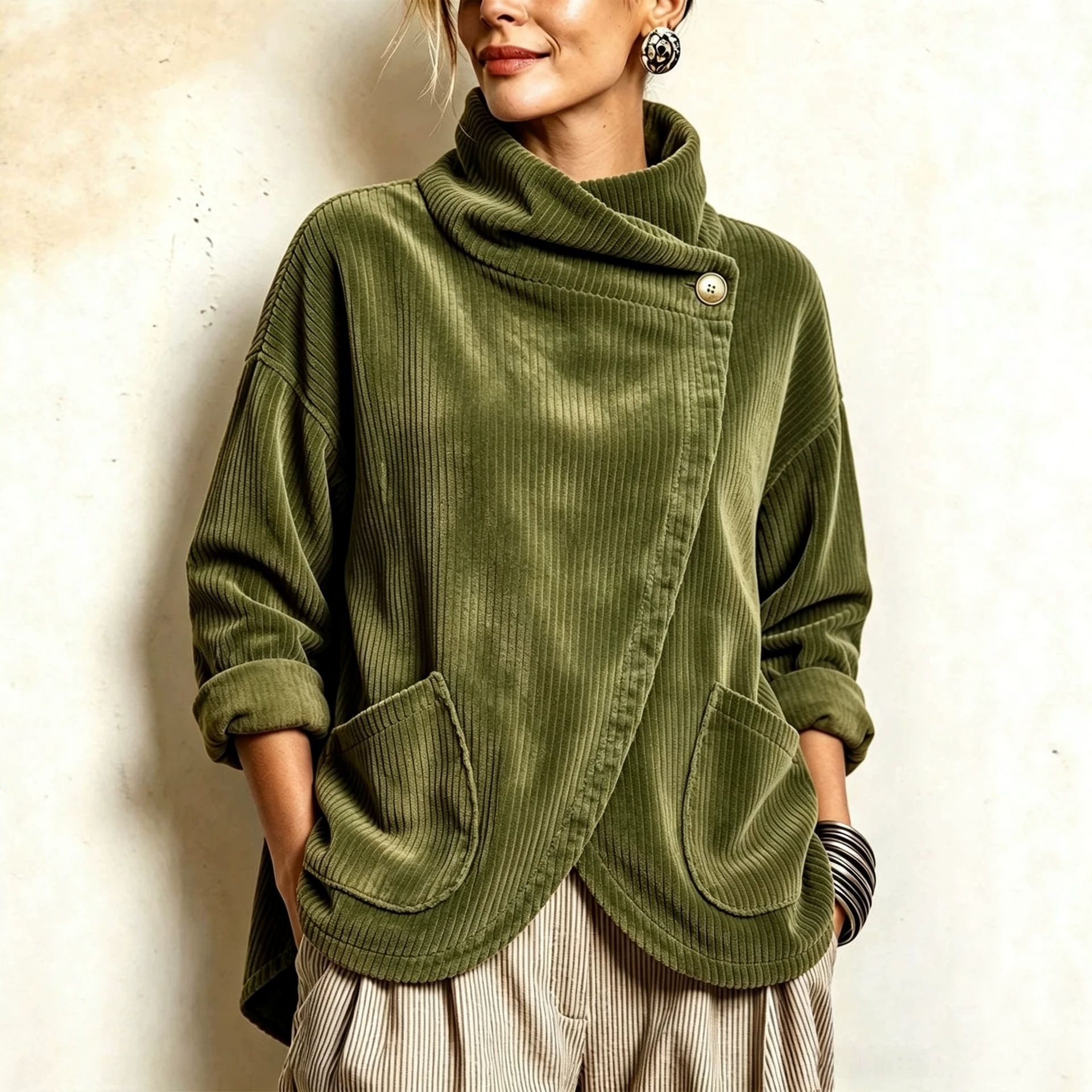 Cozy Asymmetric Button-Accented Corduroy Top