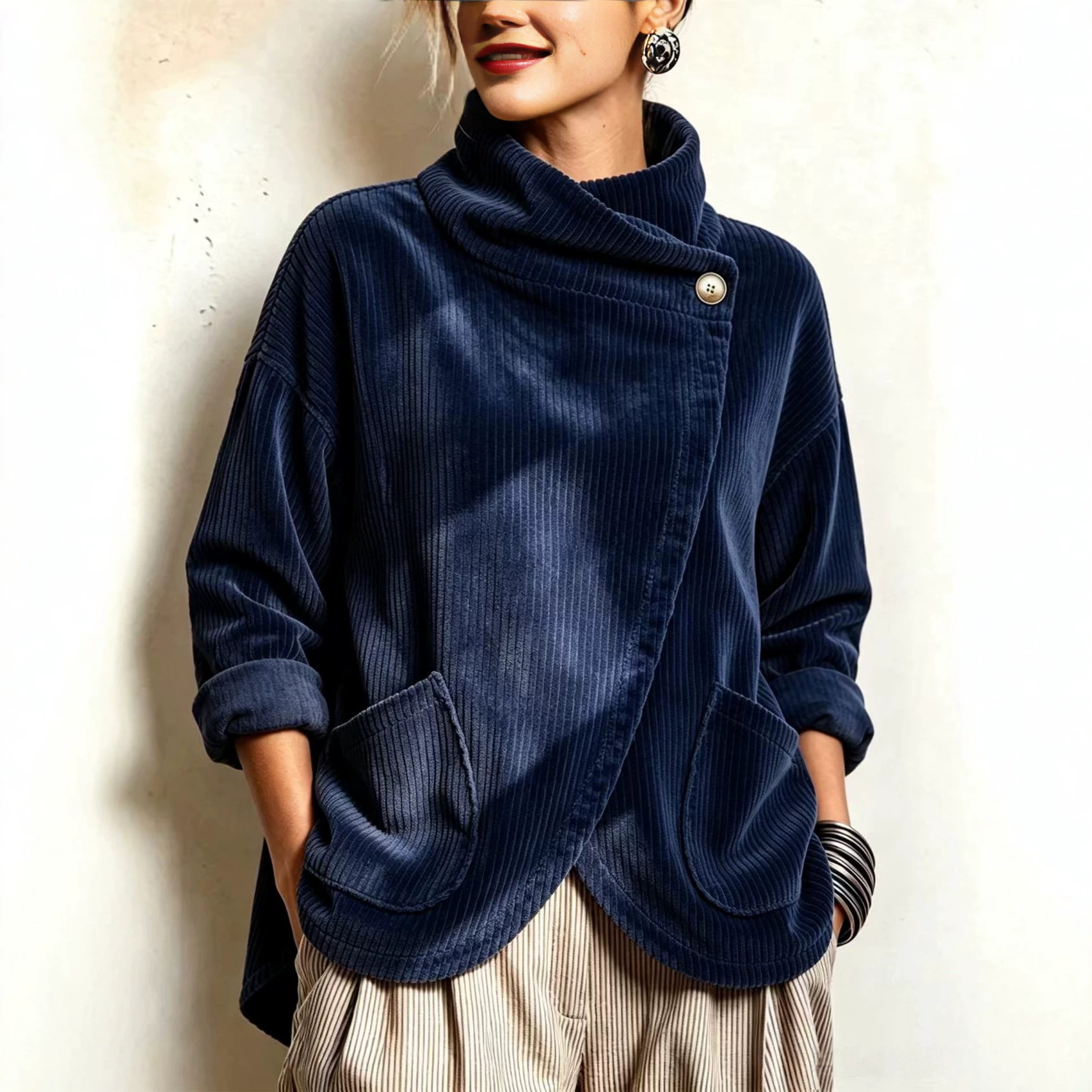 Cozy Asymmetric Button-Accented Corduroy Top