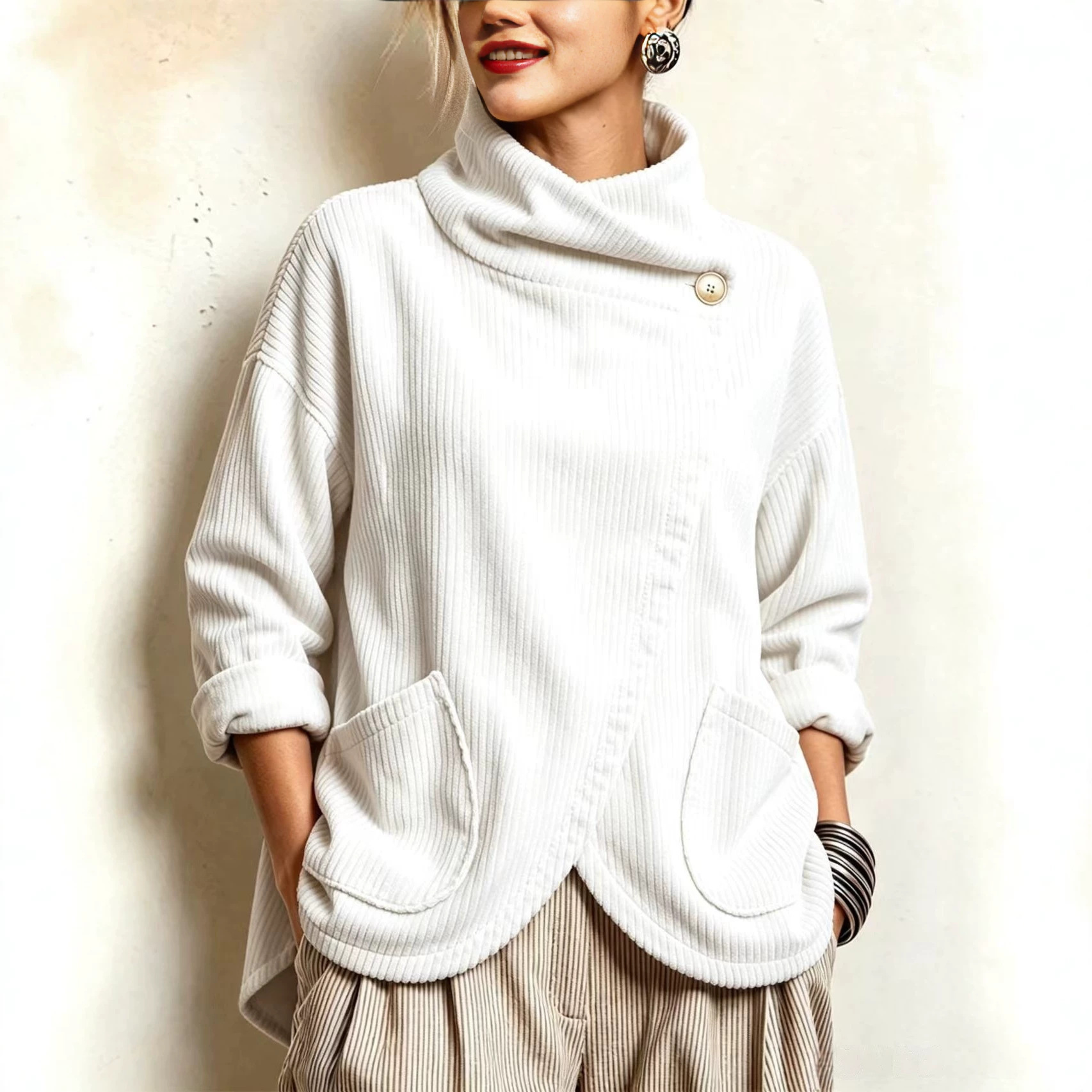 Cozy Asymmetric Button-Accented Corduroy Top