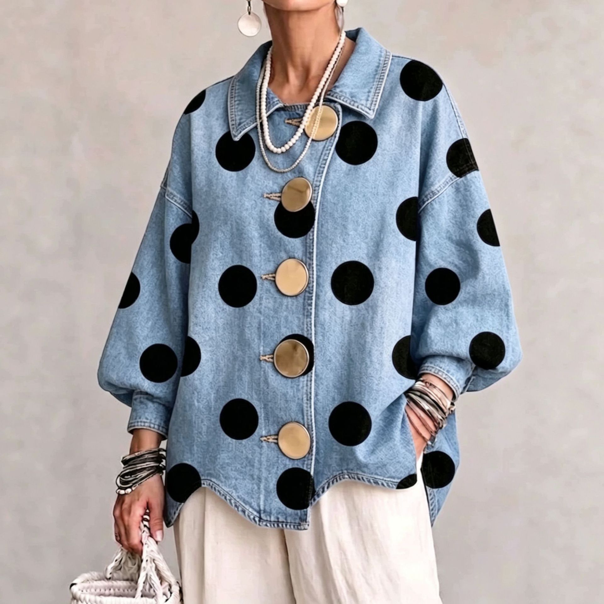 Women's Washed Denim-Look Oversized Shirt Jacket Lapel Collar Button-Up Long Sleeve Loose Blouse