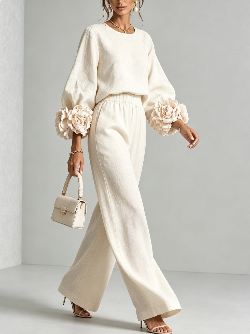 Chic 3D Rosette Sleeve Two-Piece Set