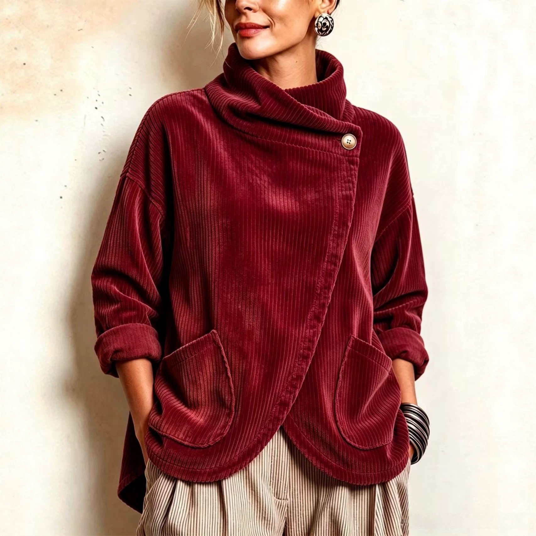 Cozy Asymmetric Button-Accented Corduroy Top