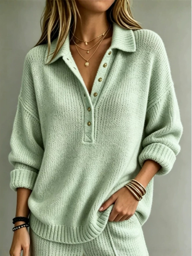 Women’s Oversized Polo Sweater, Collared Half Button Knit Pullover, Casual Long Sleeve Knit Top