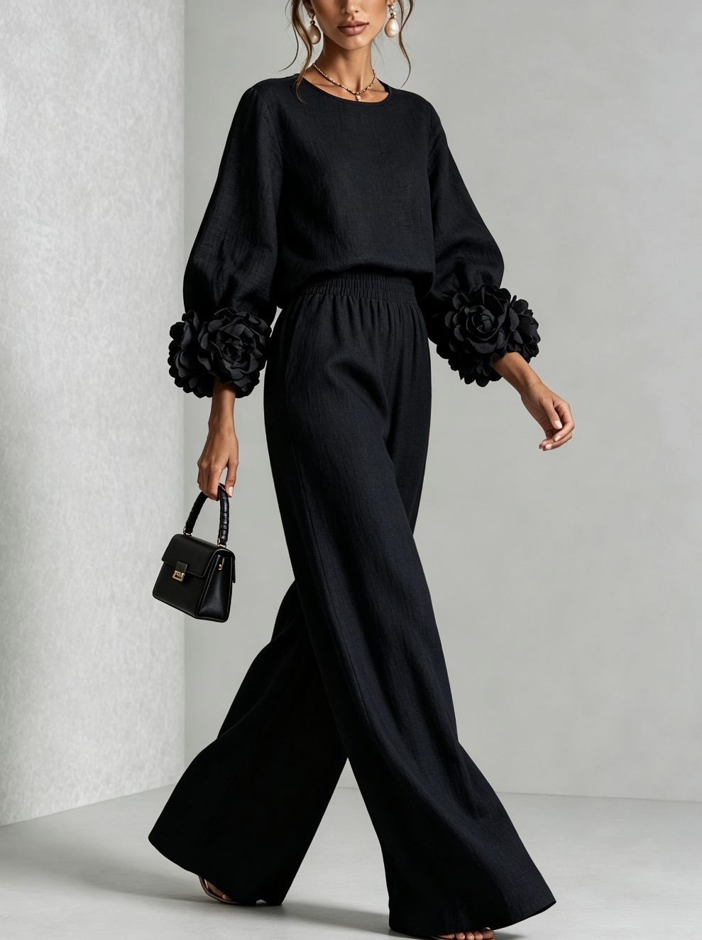 Chic 3D Rosette Sleeve Two-Piece Set