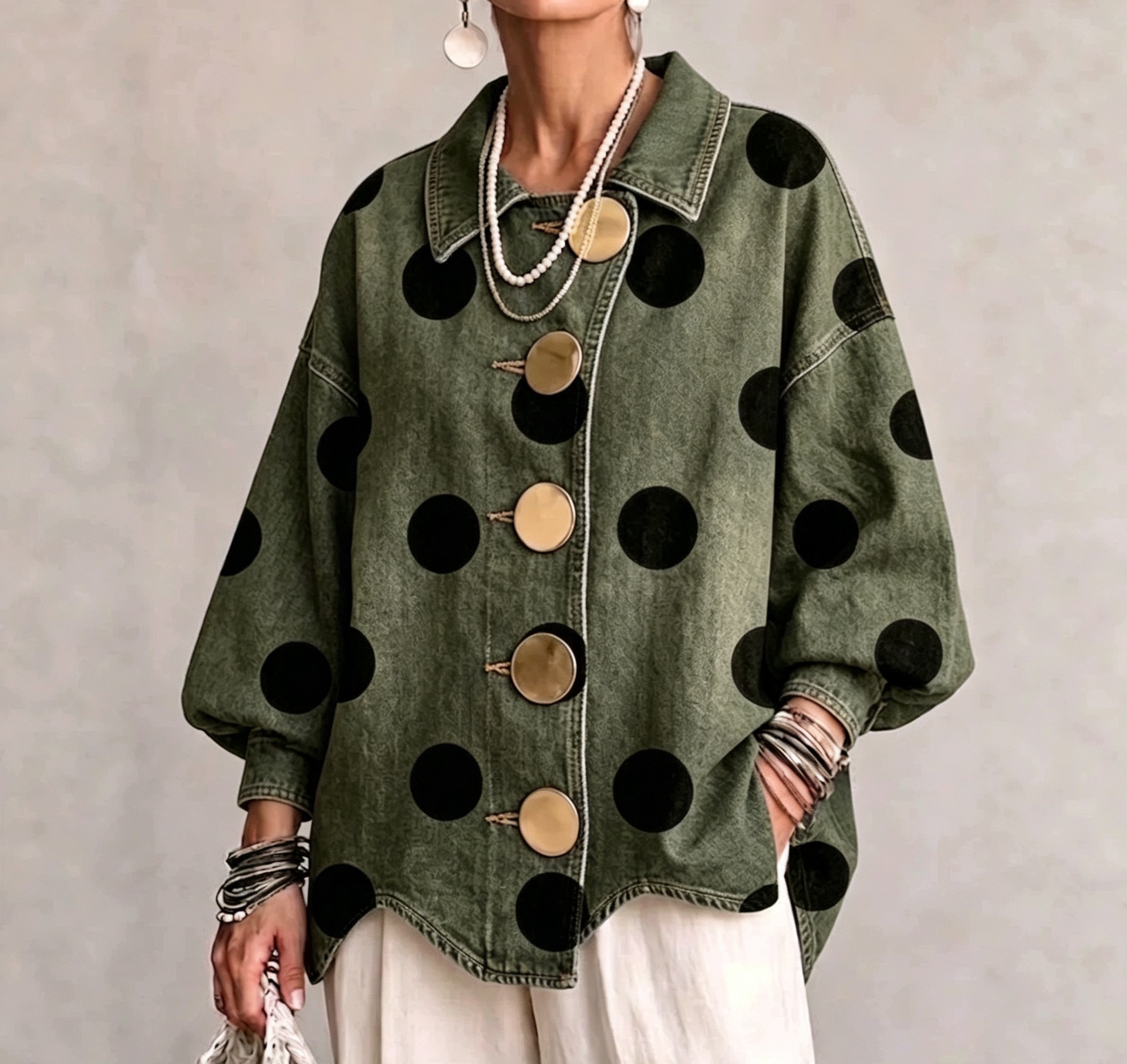 Women's Washed Denim-Look Oversized Shirt Jacket Lapel Collar Button-Up Long Sleeve Loose Blouse