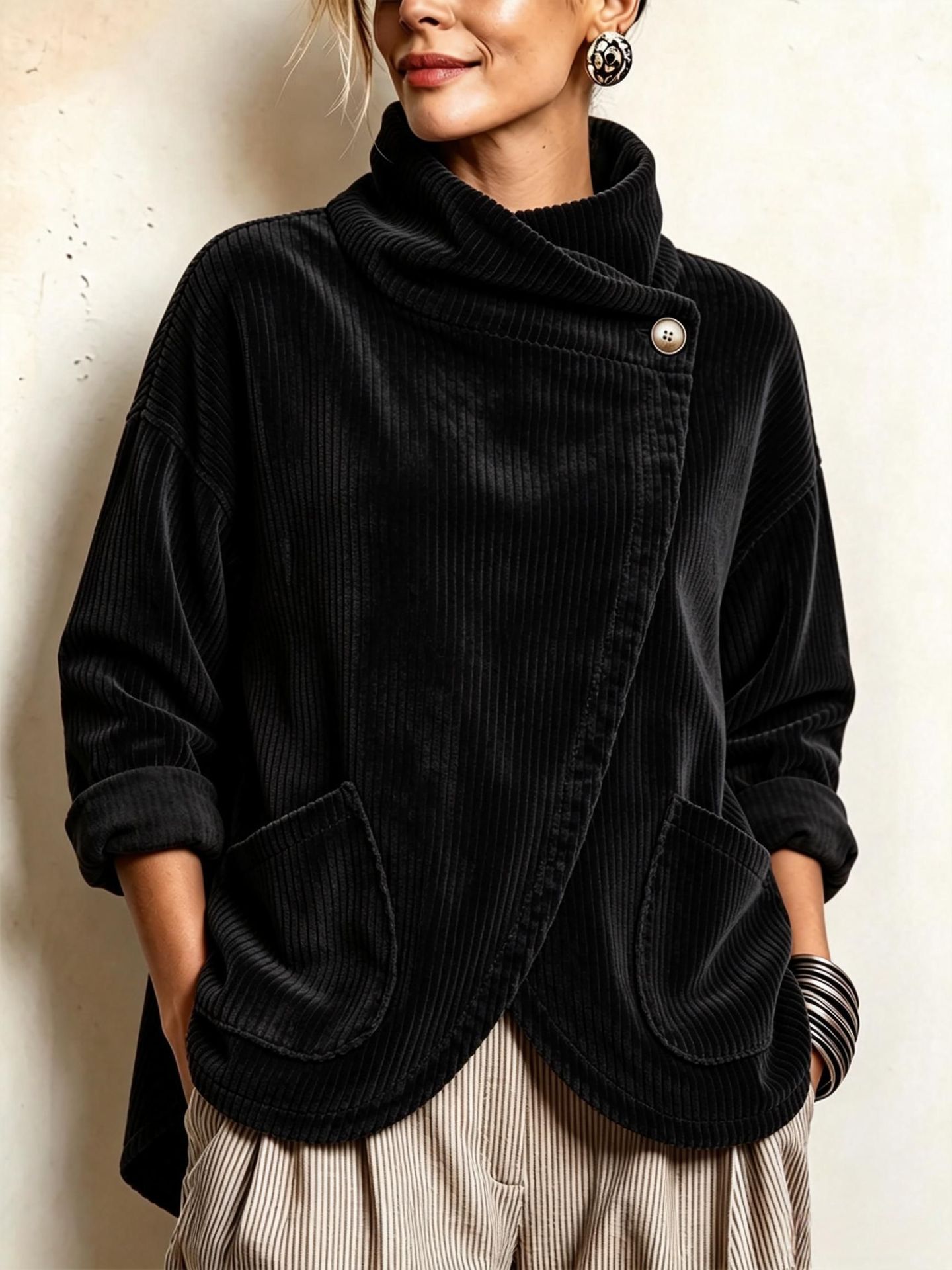 Cozy Asymmetric Button-Accented Corduroy Top
