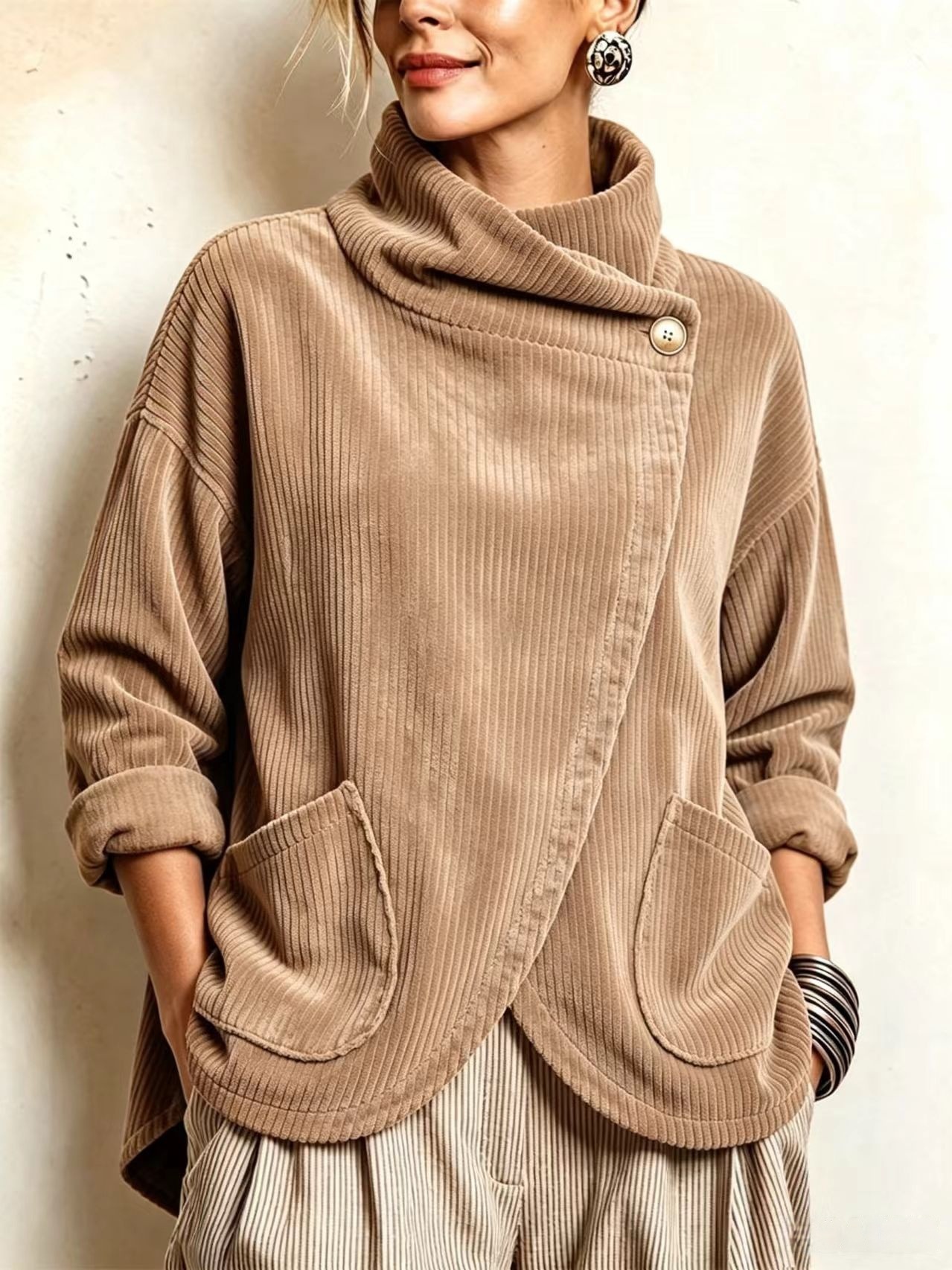Cozy Asymmetric Button-Accented Corduroy Top