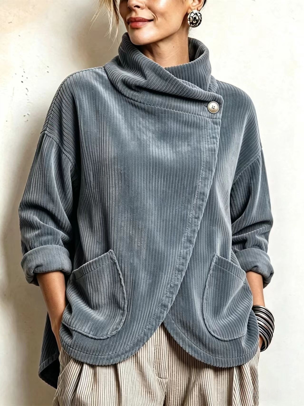 Cozy Asymmetric Button-Accented Corduroy Top