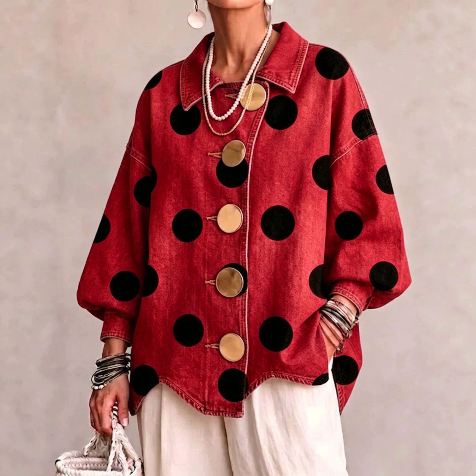 Women's Washed Denim-Look Oversized Shirt Jacket Lapel Collar Button-Up Long Sleeve Loose Blouse