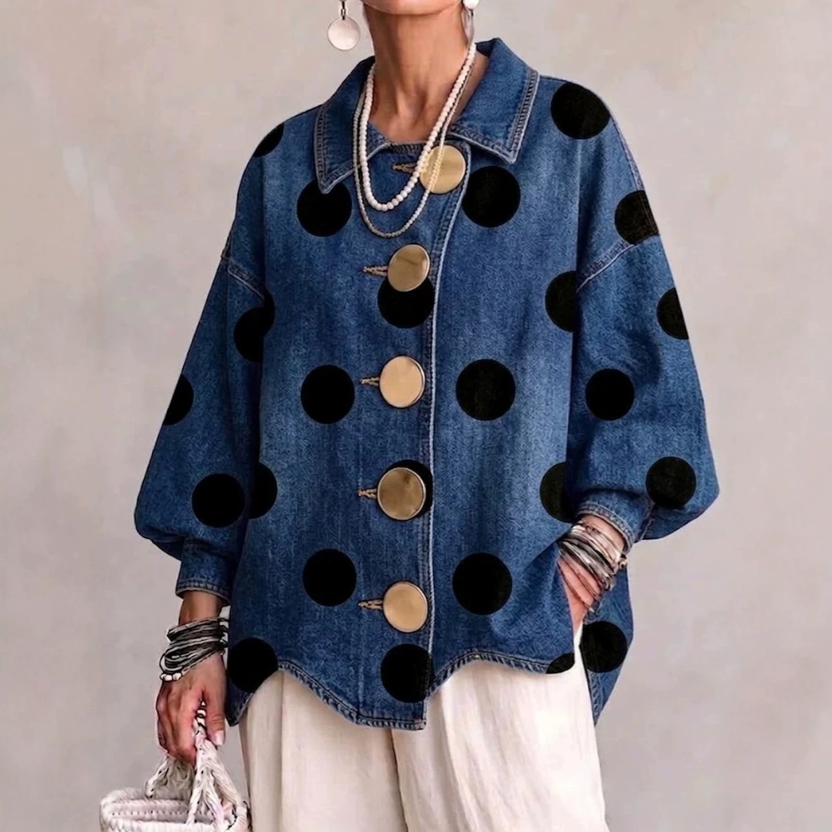Women's Washed Denim-Look Oversized Shirt Jacket Lapel Collar Button-Up Long Sleeve Loose Blouse