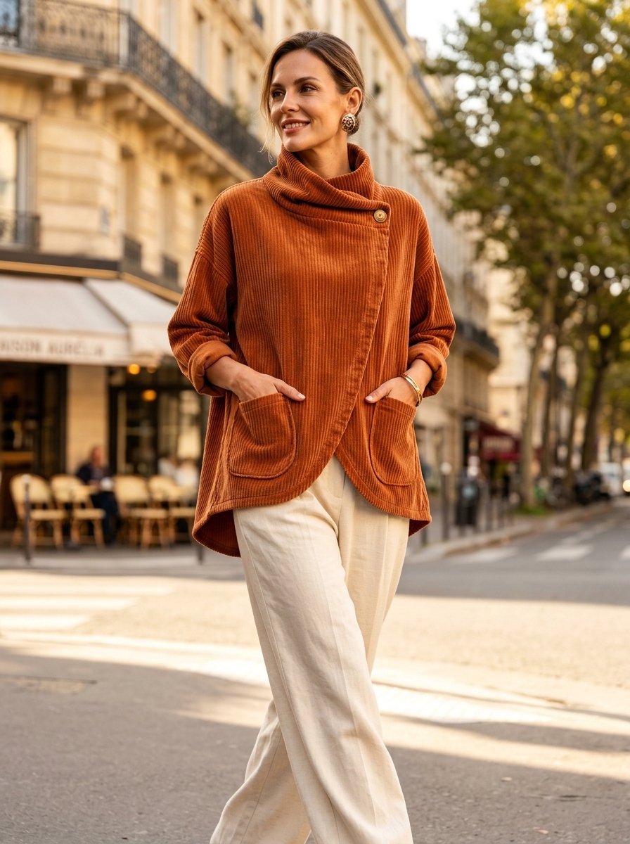 Cozy Asymmetric Button-Accented Corduroy Top
