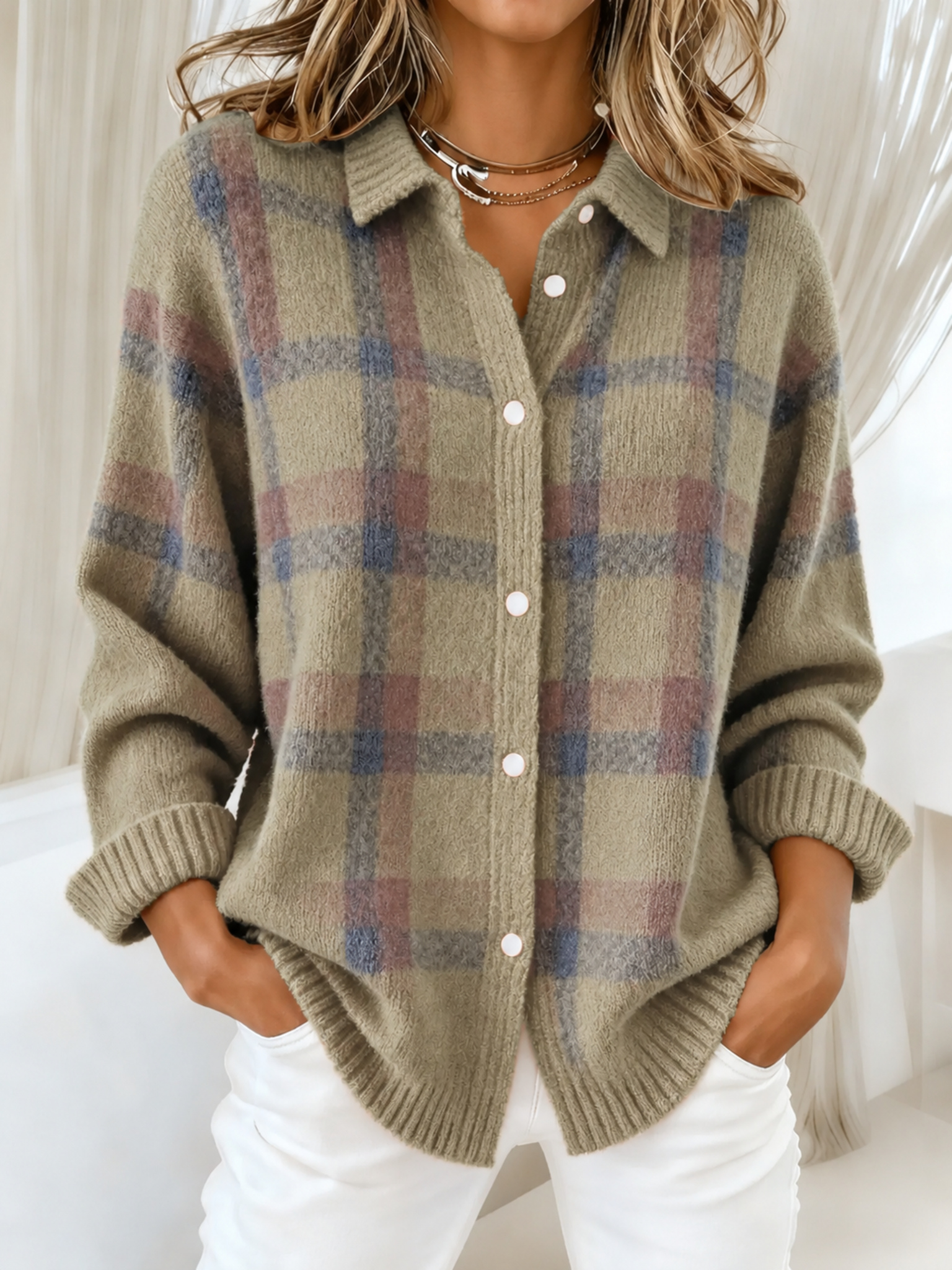 Women’s Plaid Button-Front Knit Cardigan – Cozy Relaxed Fit for Fall & Winter