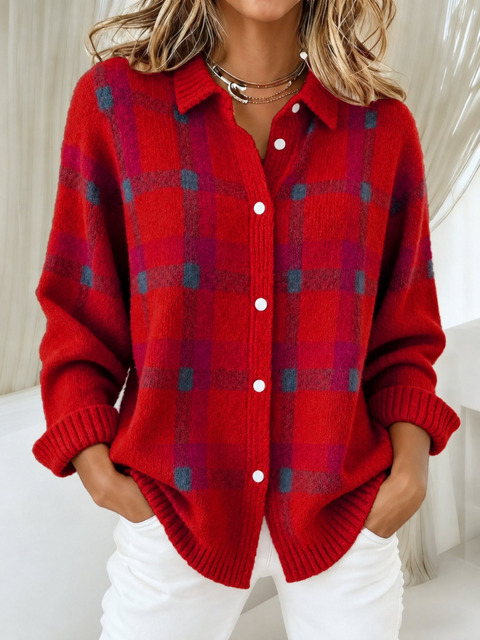 Women’s Plaid Button-Front Knit Cardigan – Cozy Relaxed Fit for Fall & Winter