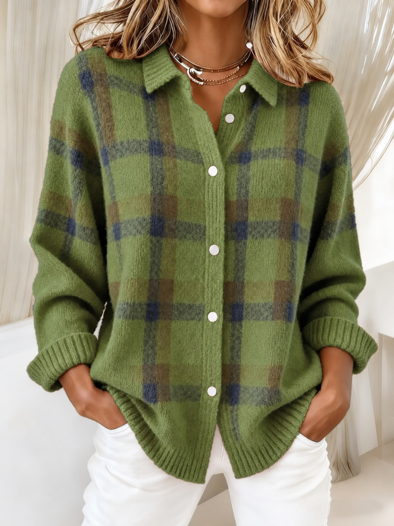 Women’s Plaid Button-Front Knit Cardigan – Cozy Relaxed Fit for Fall & Winter