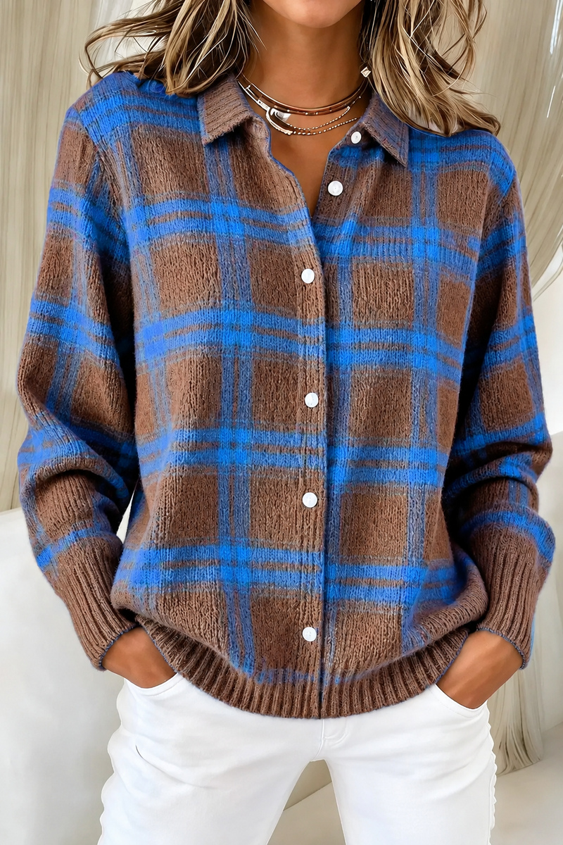 Women’s Plaid Button-Front Knit Cardigan – Cozy Relaxed Fit for Fall & Winter