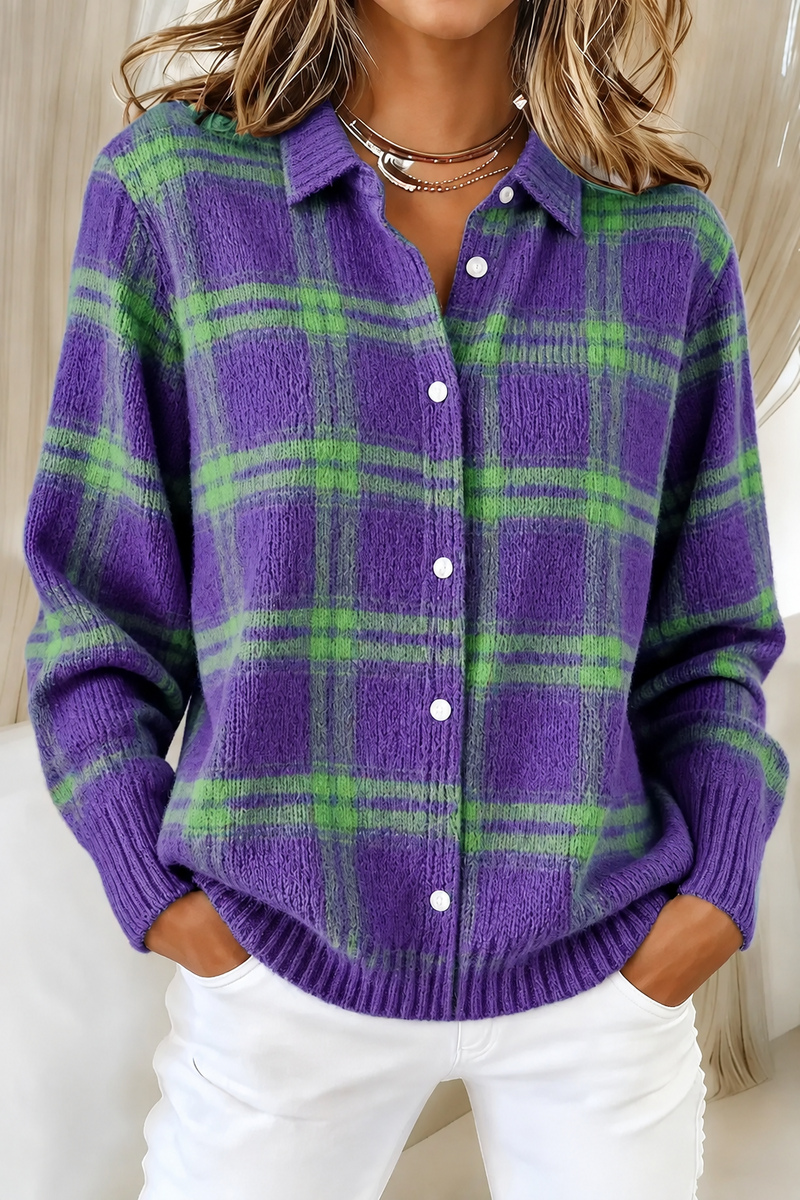 Women’s Plaid Button-Front Knit Cardigan – Cozy Relaxed Fit for Fall & Winter