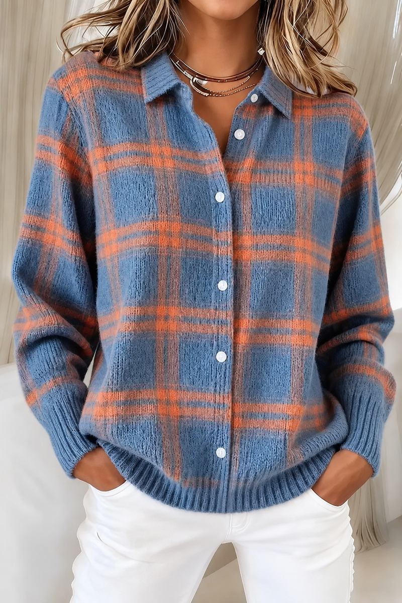 Women’s Plaid Button-Front Knit Cardigan – Cozy Relaxed Fit for Fall & Winter
