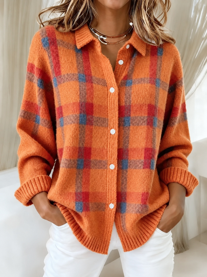 Women’s Plaid Button-Front Knit Cardigan – Cozy Relaxed Fit for Fall & Winter