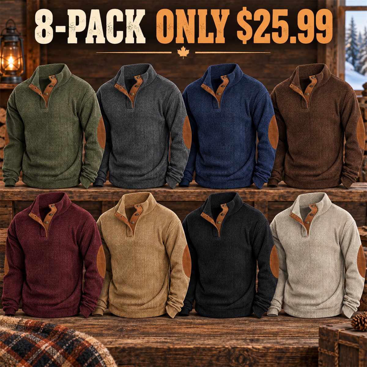 8-Pack - All 8 Colors Men's Ribbed Mock-Neck Snap Pullover with Elbow Patches Multipacks