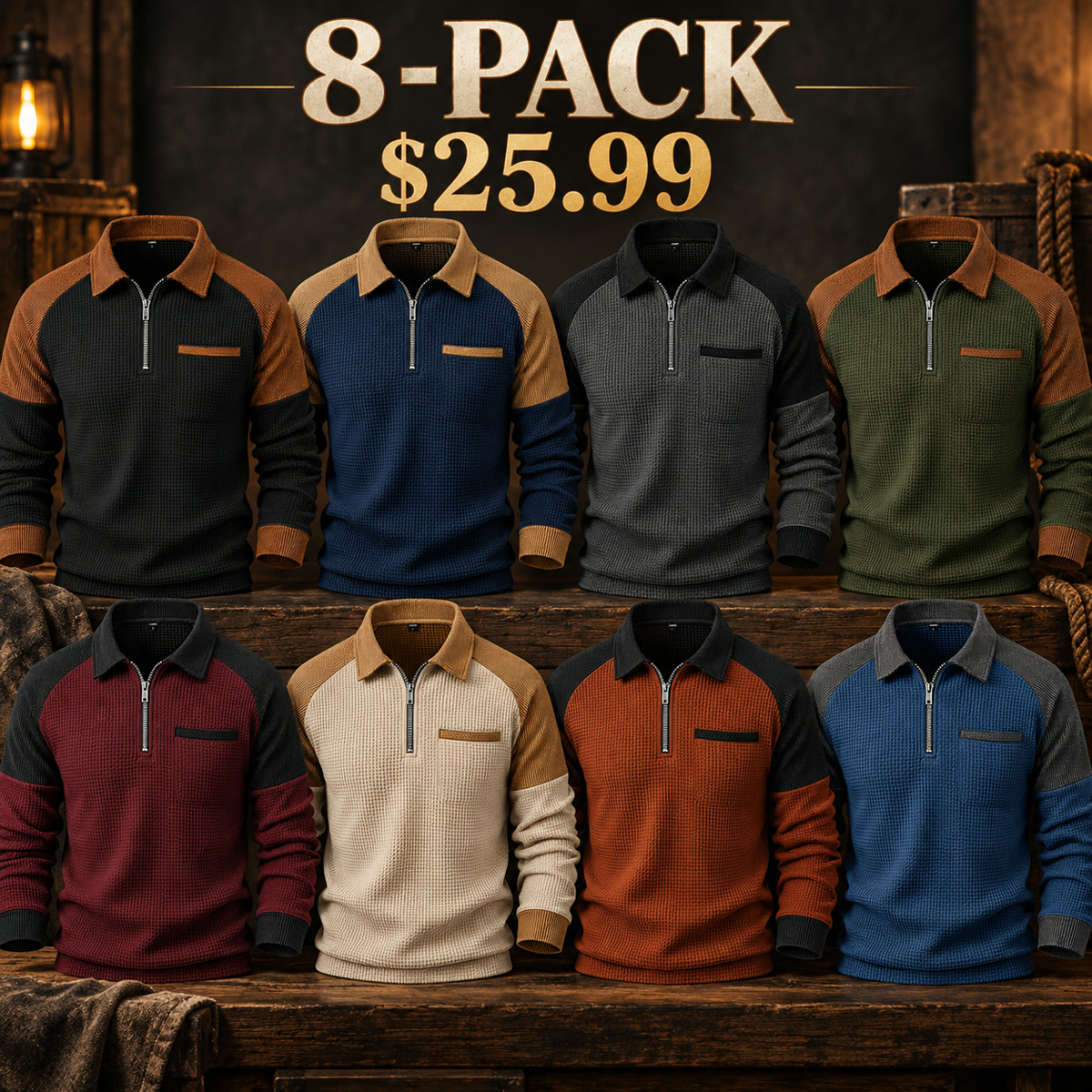8-Pack - All 8 Colors Men's Contrast-Yoke Waffle-Knit Quarter-Zip Pullover Multipacks