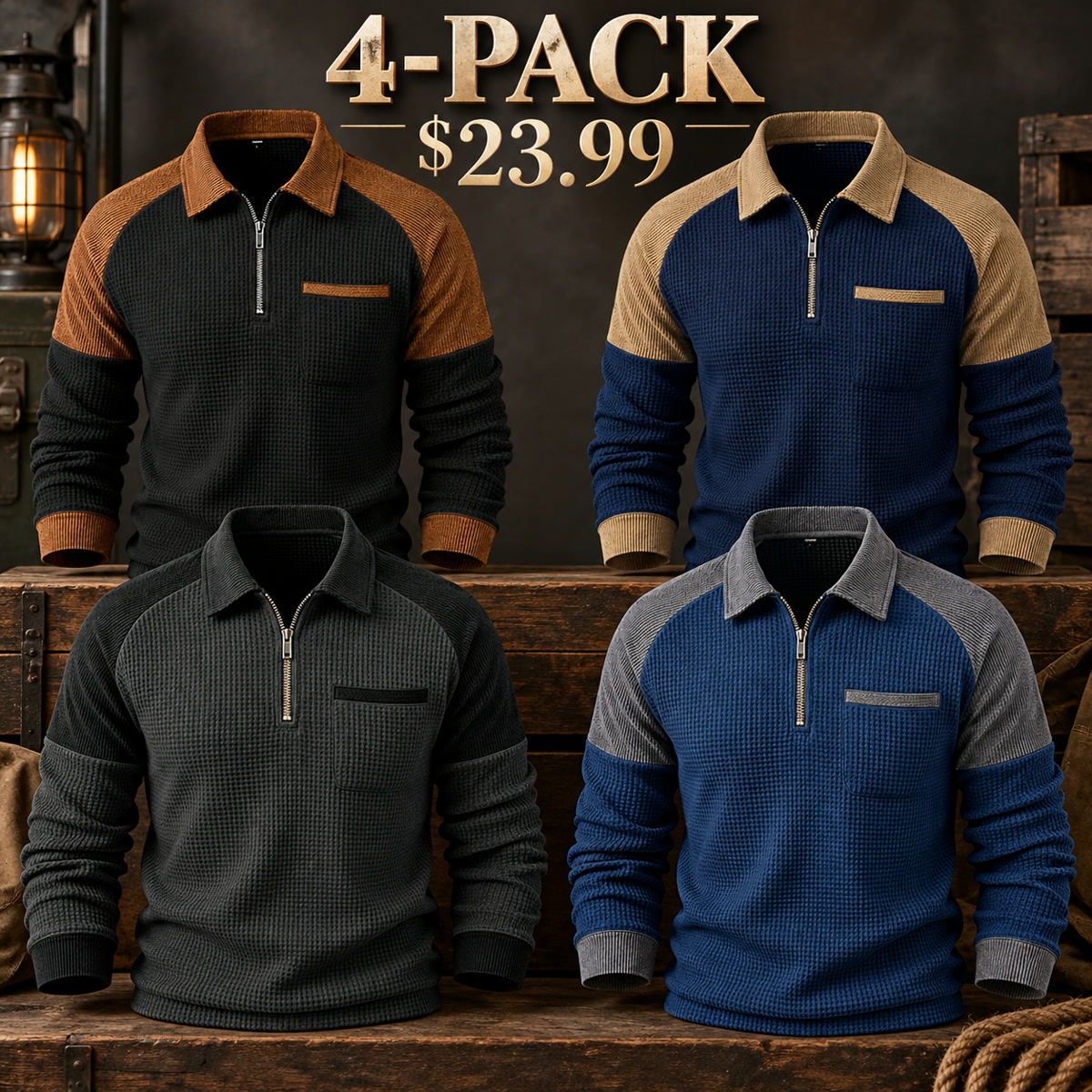 4-Pack - Core Contrast Men's Contrast-Yoke Waffle-Knit Quarter-Zip Pullover Multipacks