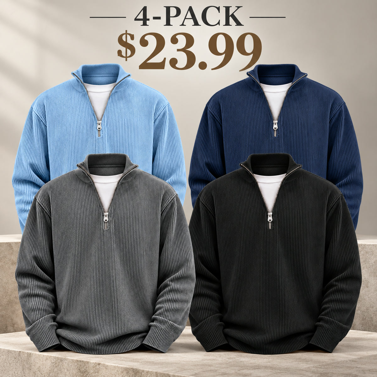 4-Pack - Core Neutrals Men's Ribbed Quarter-Zip Relaxed Pullover Multipacks