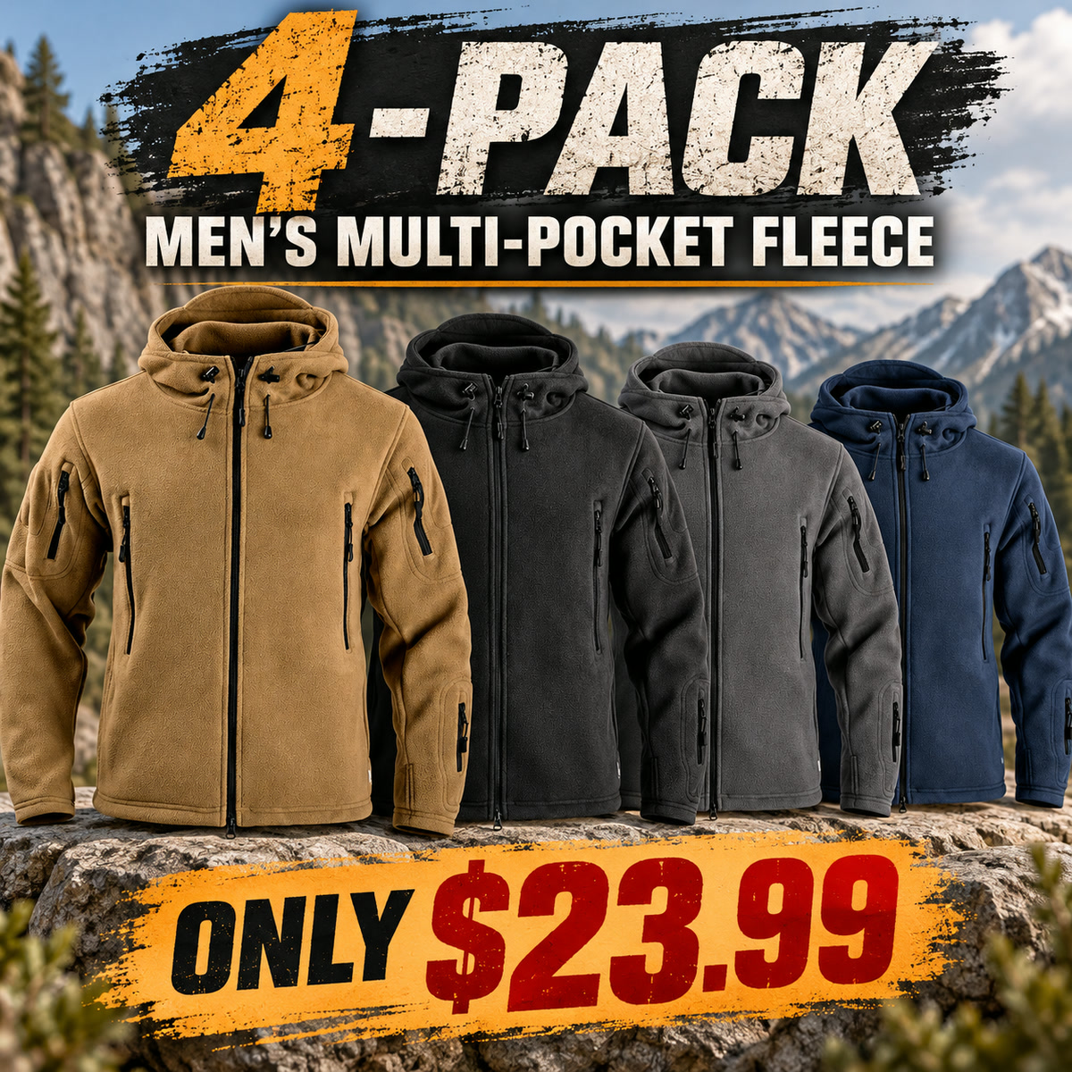 4-Pack - Core Utility Men's Multi-Pocket Hooded Fleece Jacket Multipacks