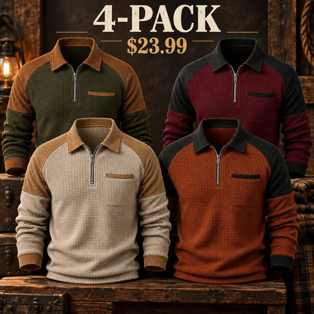 4-Pack - Heritage Contrast Men's Contrast-Yoke Waffle-Knit Quarter-Zip Pullover Multipacks