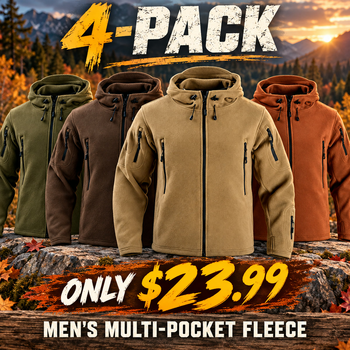 4-Pack - Outdoor Tones Men's Multi-Pocket Hooded Fleece Jacket Multipacks