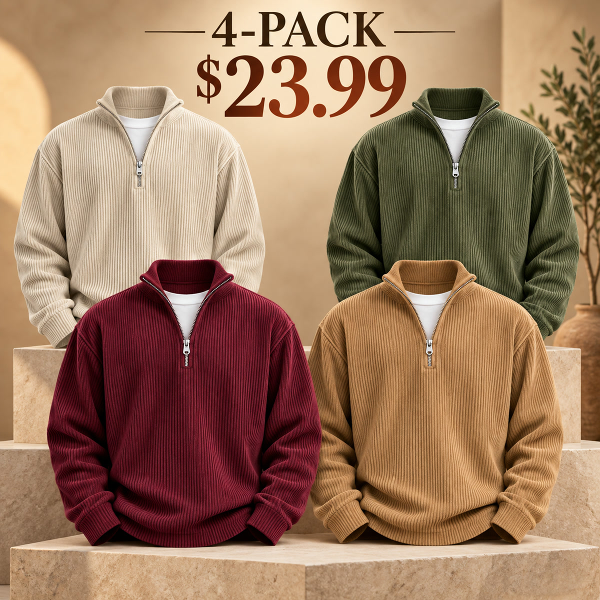 4-Pack - Seasonal Tones Men's Ribbed Quarter-Zip Relaxed Pullover Multipacks
