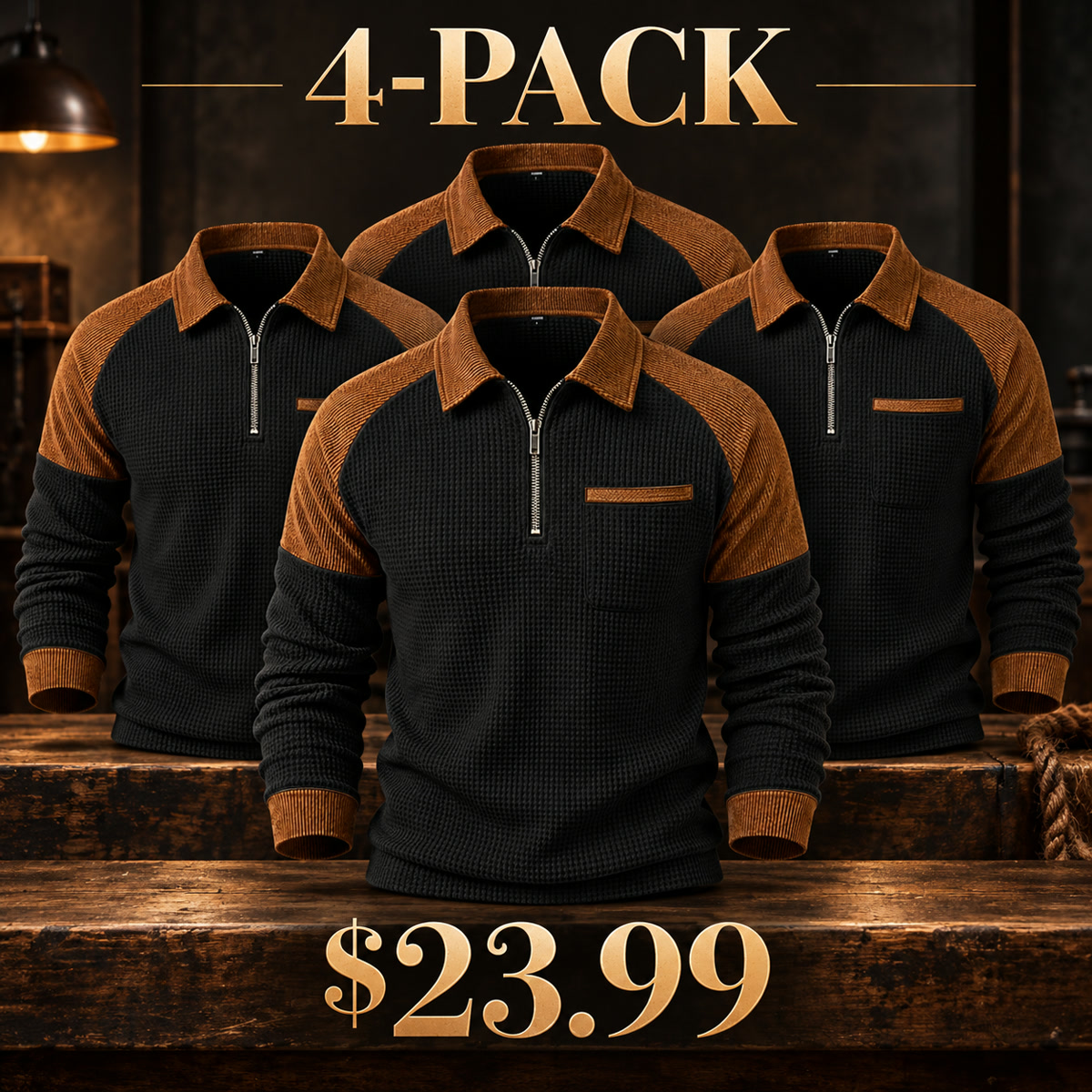 4-Pack - Black/Brown Men's Contrast-Yoke Waffle-Knit Quarter-Zip Pullover Multipacks
