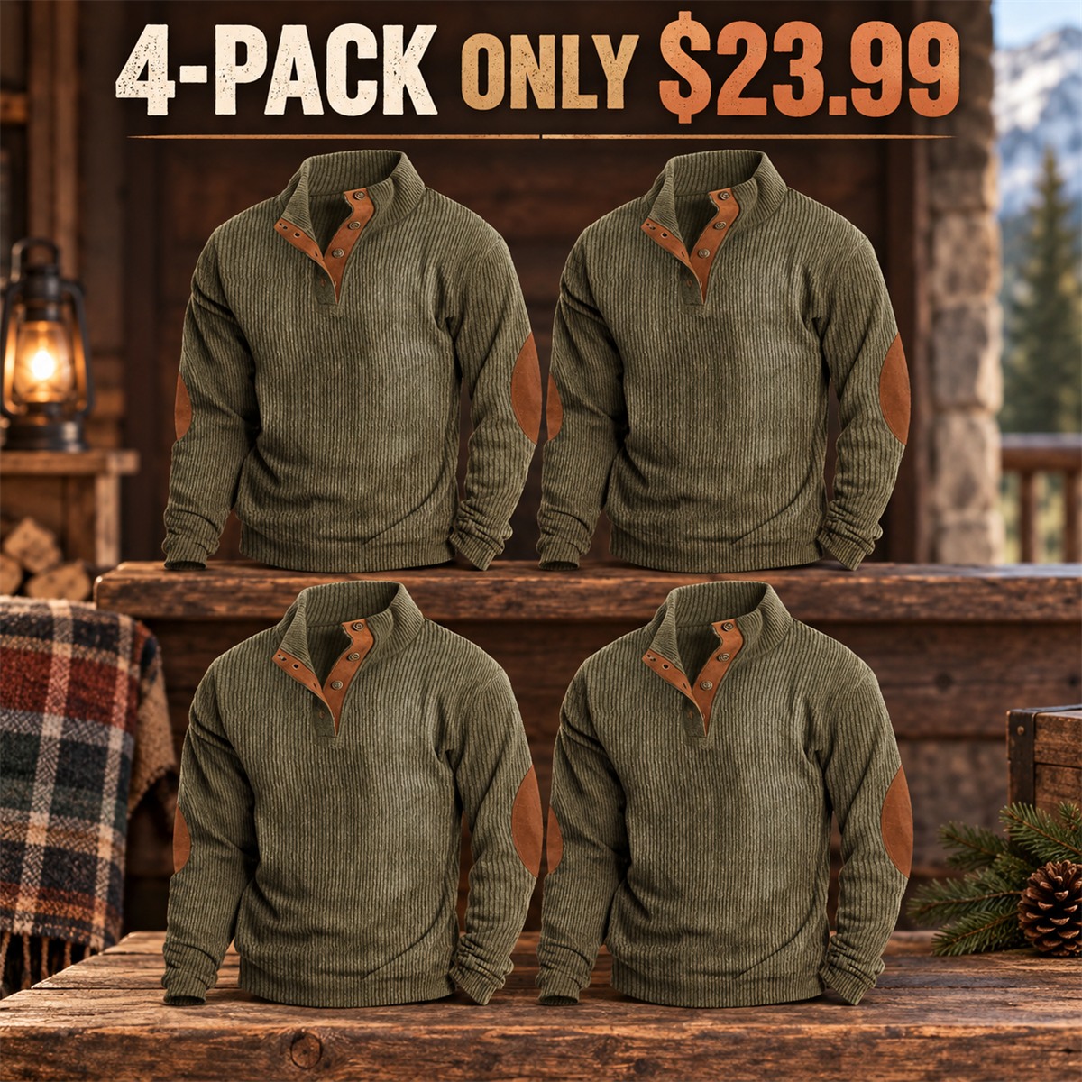 4-Pack - Olive Men's Ribbed Mock-Neck Snap Pullover with Elbow Patches Multipacks