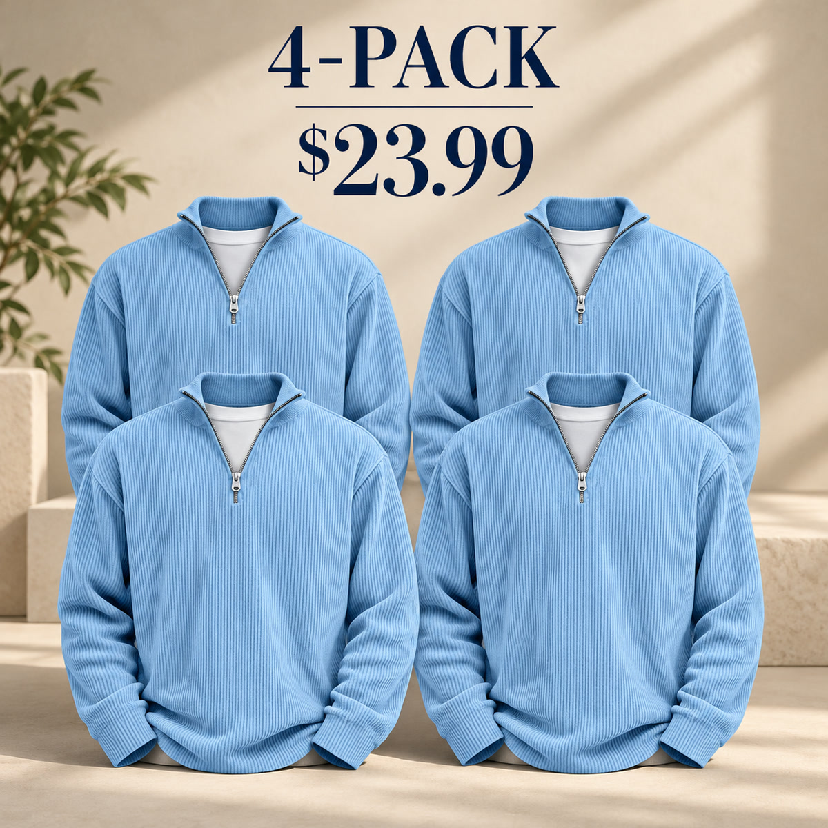 4-Pack - Sky Blue Men's Ribbed Quarter-Zip Relaxed Pullover Multipacks