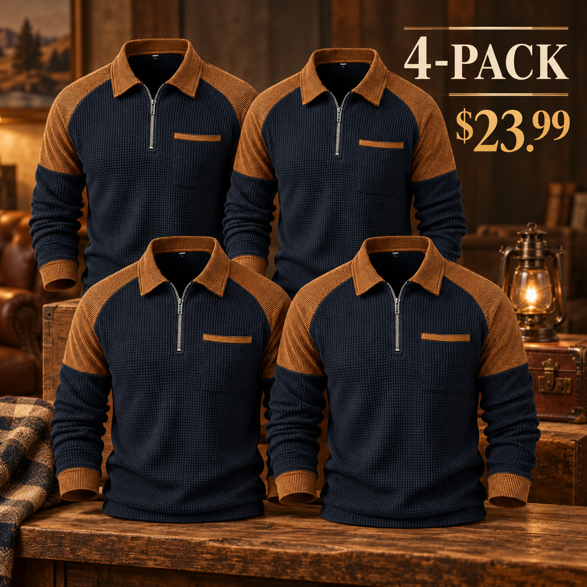 4-Pack - Navy/Tan Men's Contrast-Yoke Waffle-Knit Quarter-Zip Pullover Multipacks
