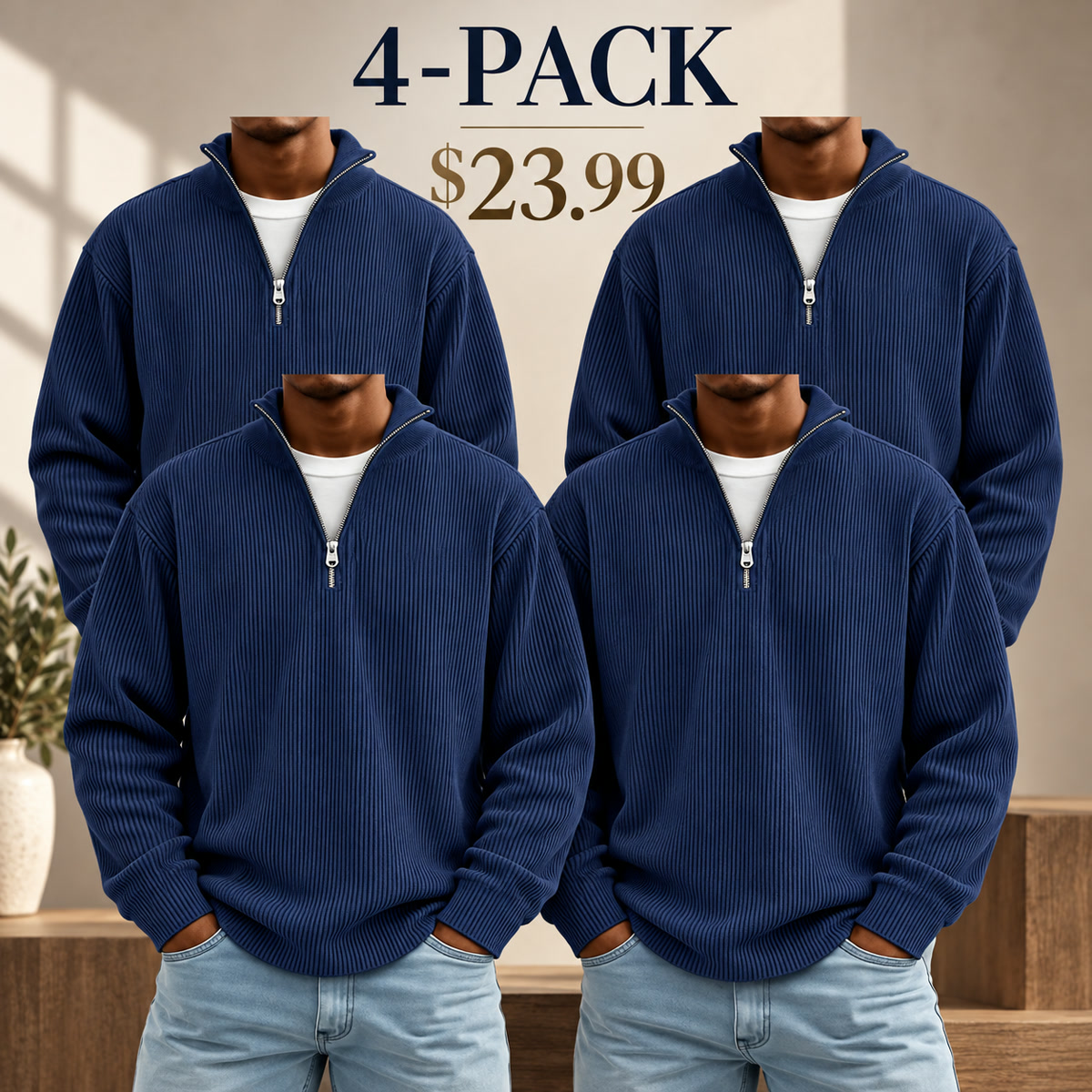 4-Pack - Navy Men's Ribbed Quarter-Zip Relaxed Pullover Multipacks