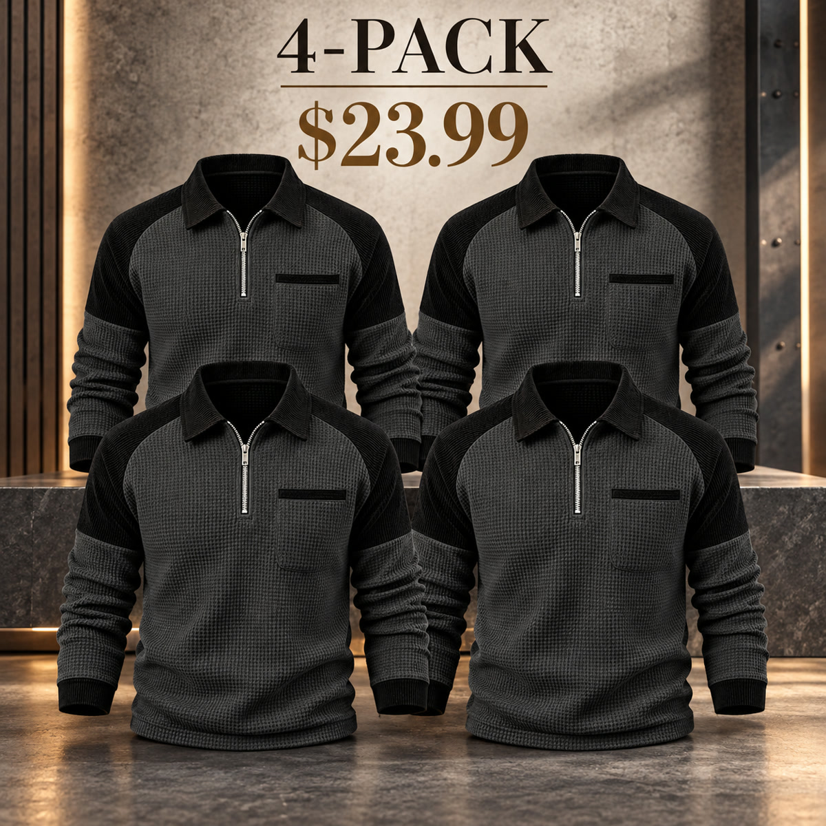 4-Pack - Charcoal/Black Men's Contrast-Yoke Waffle-Knit Quarter-Zip Pullover Multipacks