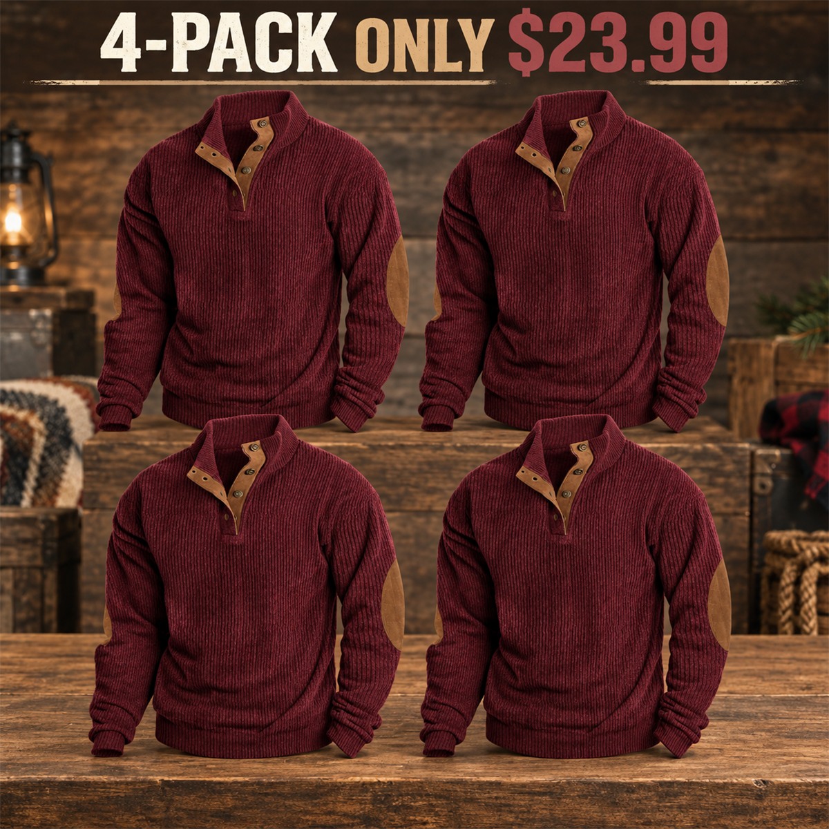 4-Pack - Burgundy Men's Ribbed Mock-Neck Snap Pullover with Elbow Patches Multipacks