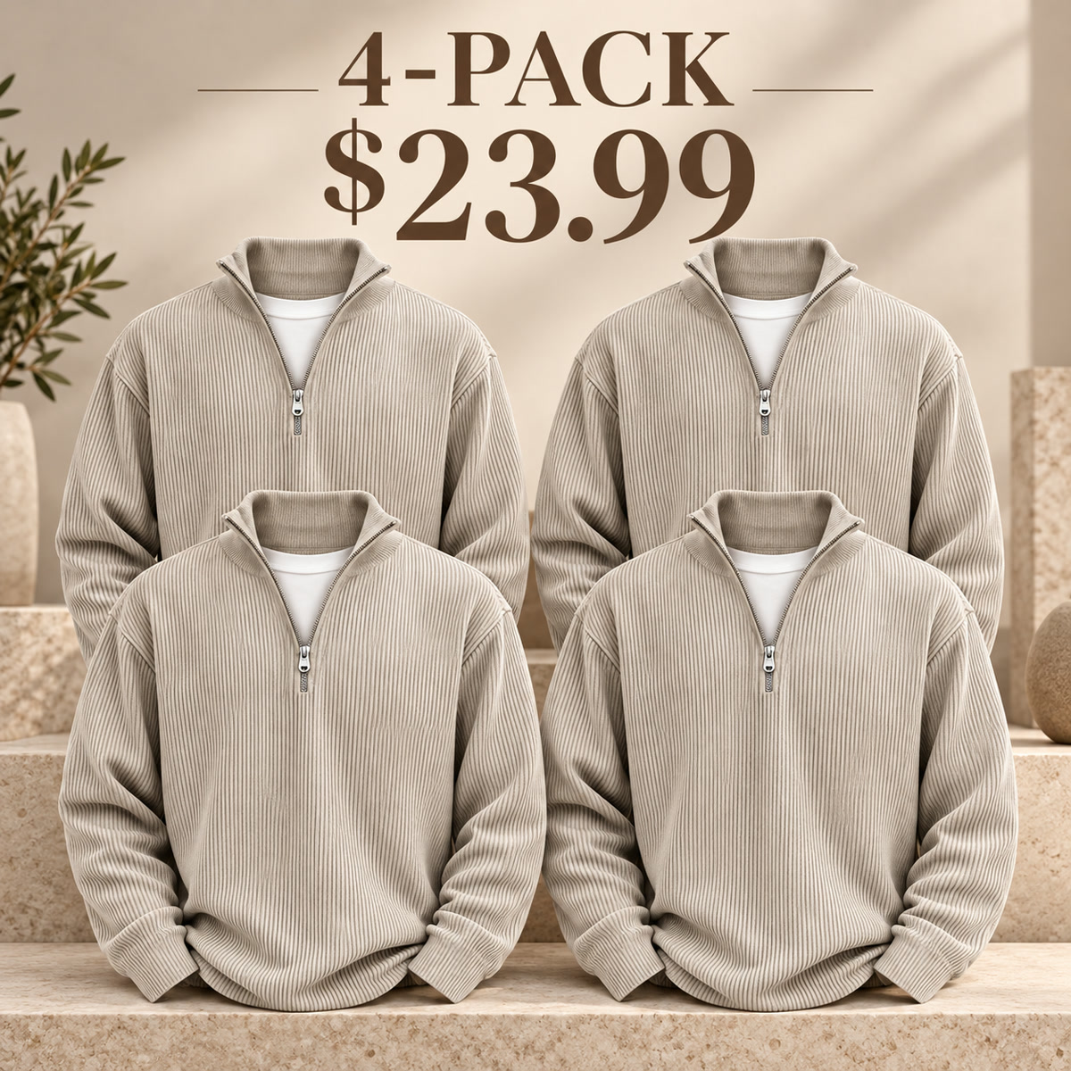 4-Pack - Stone Men's Ribbed Quarter-Zip Relaxed Pullover Multipacks