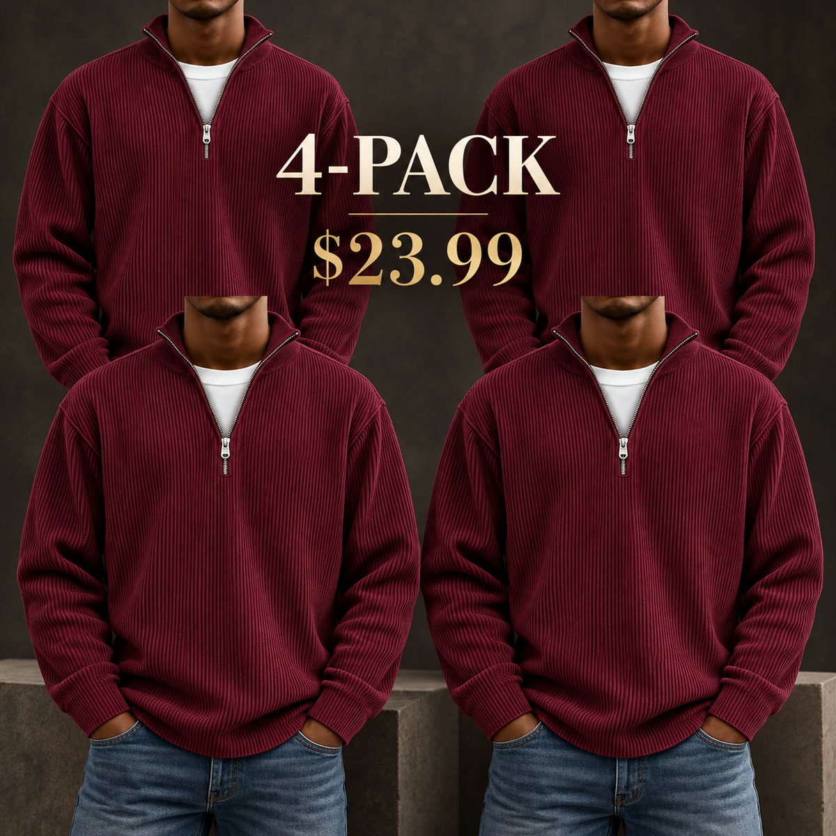 4-Pack - Burgundy Men's Ribbed Quarter-Zip Relaxed Pullover Multipacks