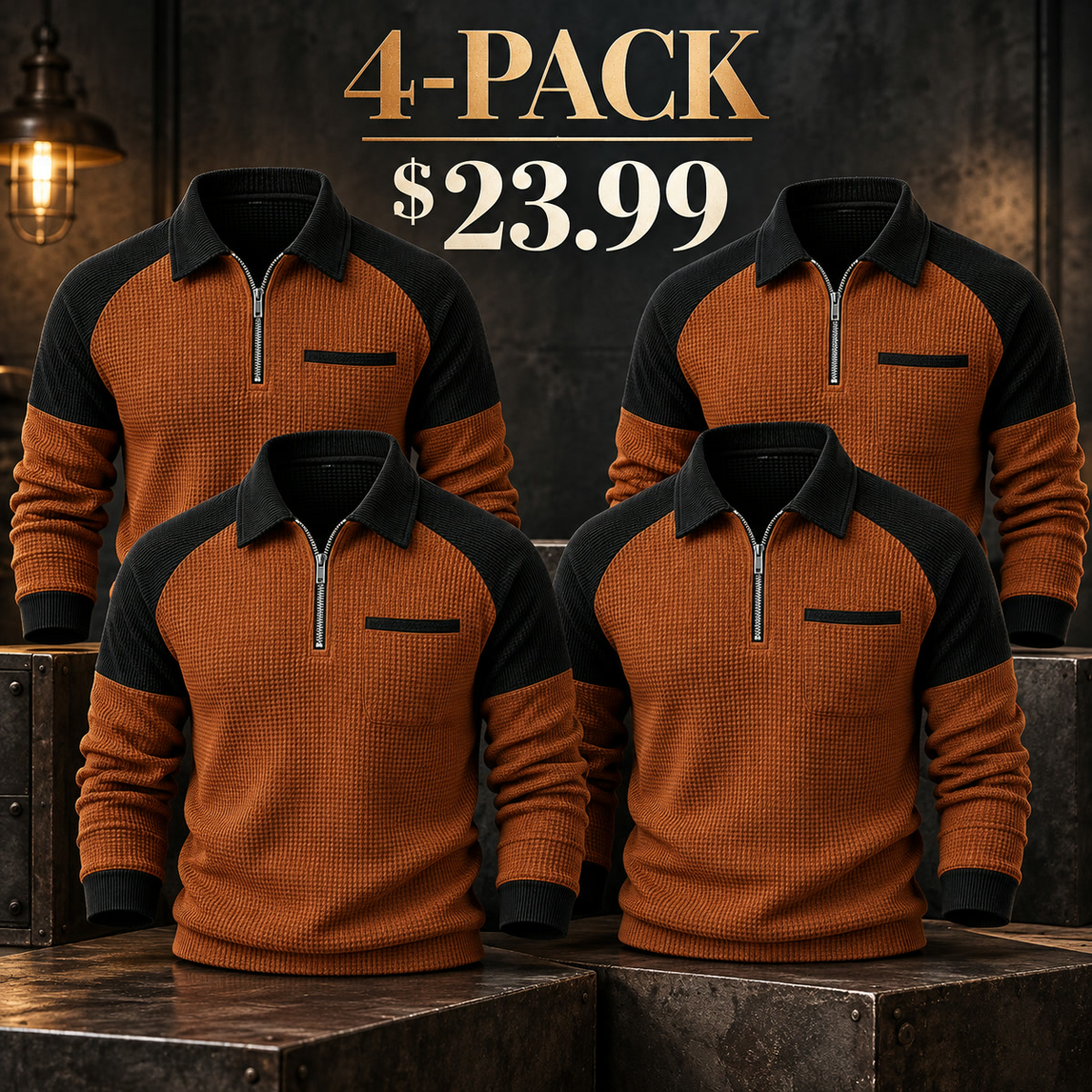 4-Pack - Rust/Black Men's Contrast-Yoke Waffle-Knit Quarter-Zip Pullover Multipacks