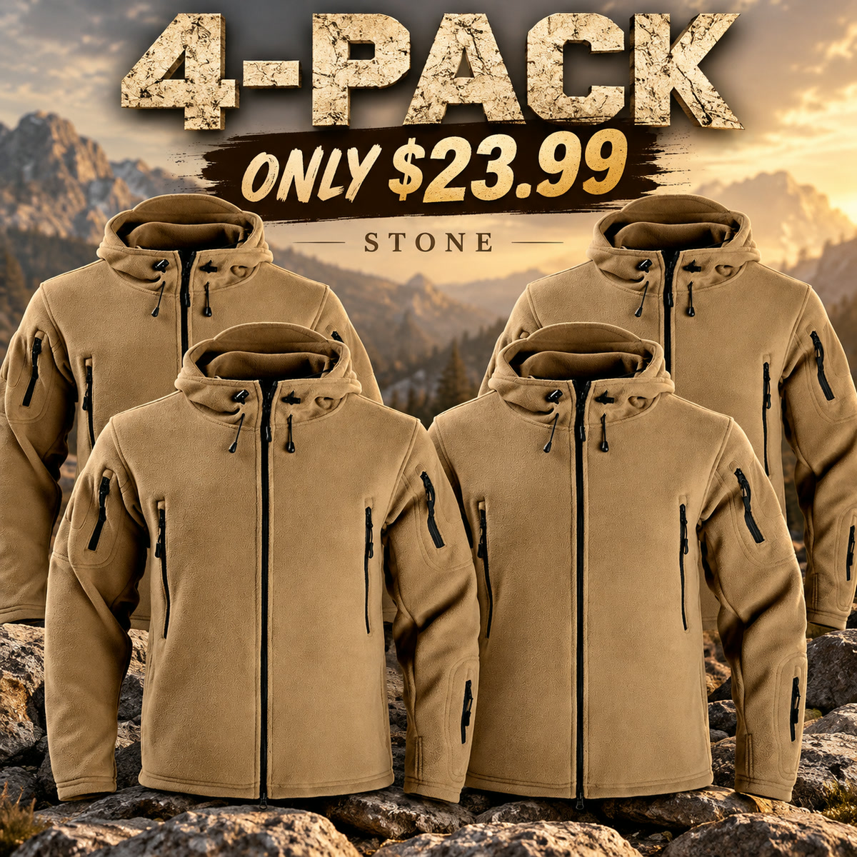 4-Pack - Stone Men's Multi-Pocket Hooded Fleece Jacket Multipacks