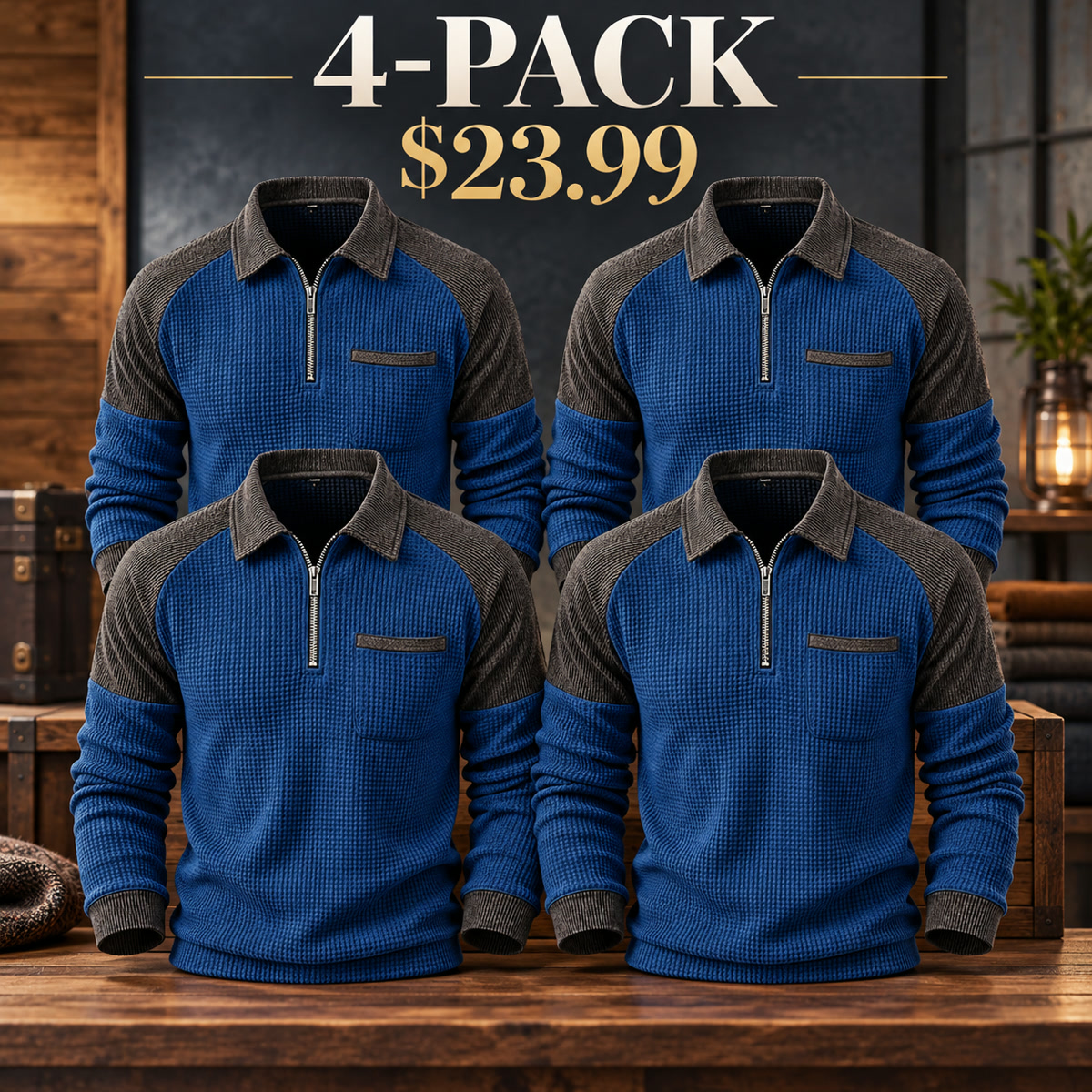 4-Pack - Blue/Charcoal Men's Contrast-Yoke Waffle-Knit Quarter-Zip Pullover Multipacks