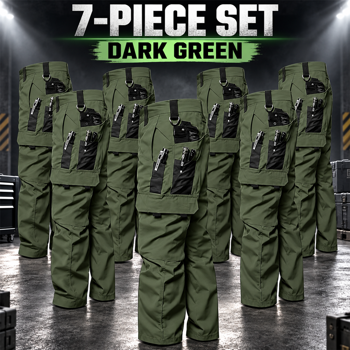 Men's Multi-Pocket Work Cargo Pants Multipack - 7-Piece Dark Green Pack