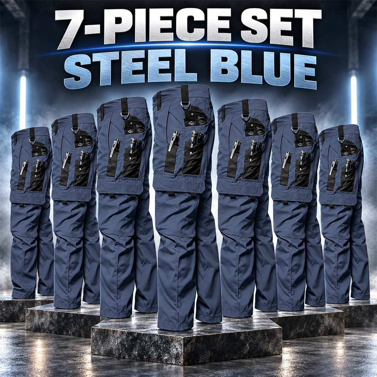 Men's Multi-Pocket Work Cargo Pants Multipack - 7-Piece Steel Blue Pack