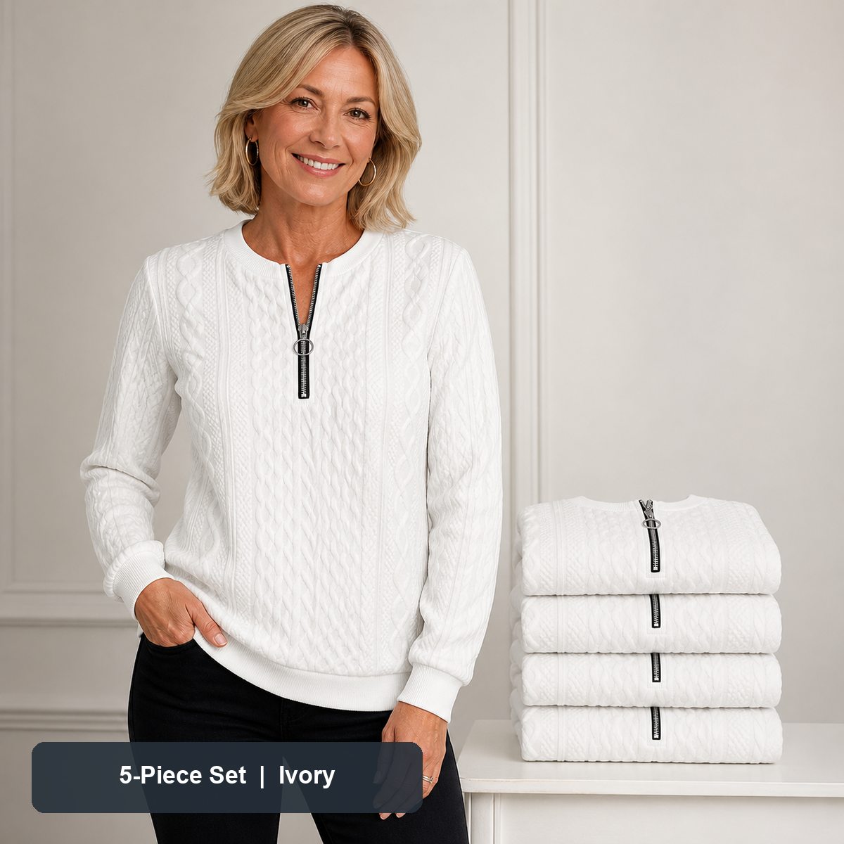 Women's Cable-Knit Quarter-Zip Pullover in Ivory, same-color pack