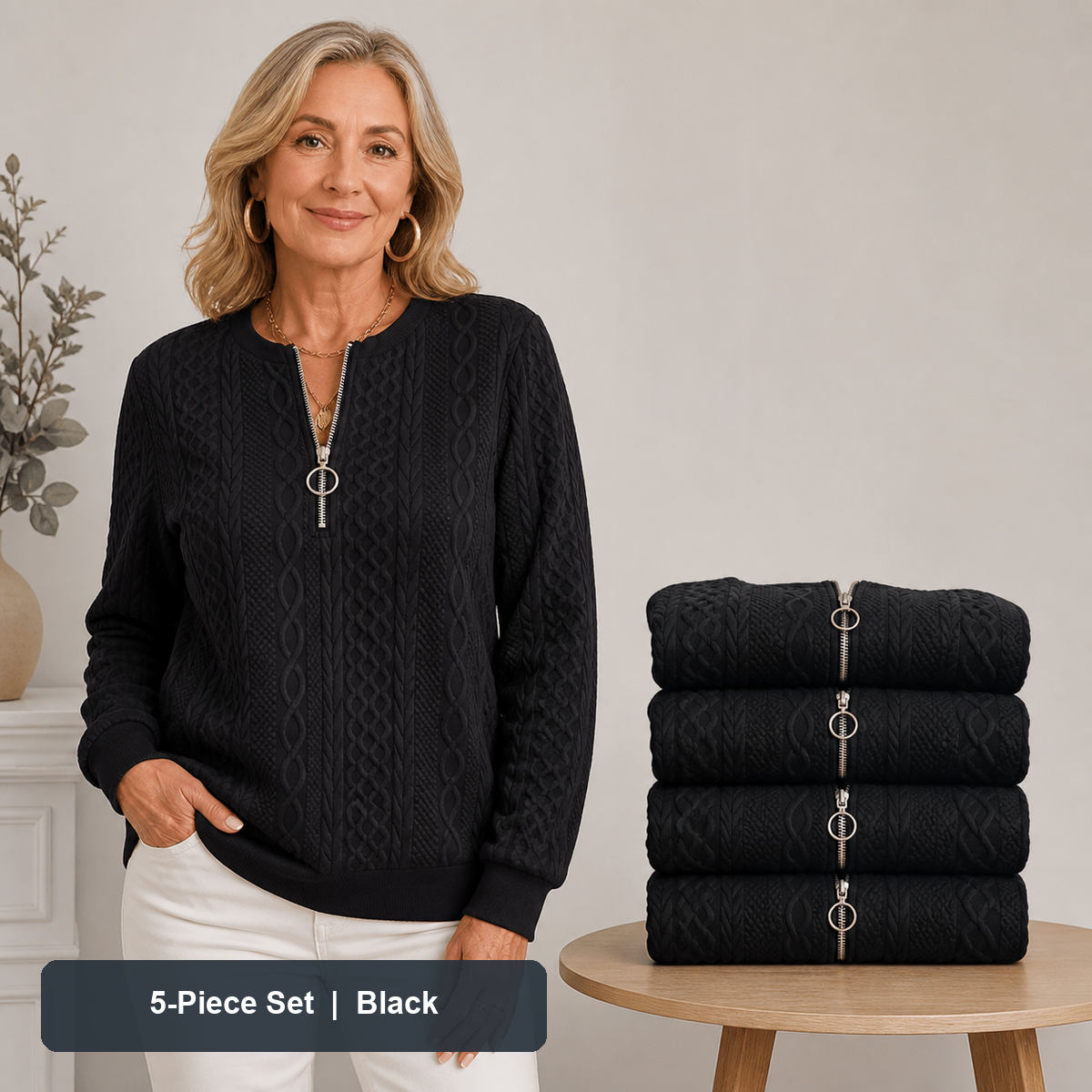 Women's Cable-Knit Quarter-Zip Pullover in Black, same-color pack